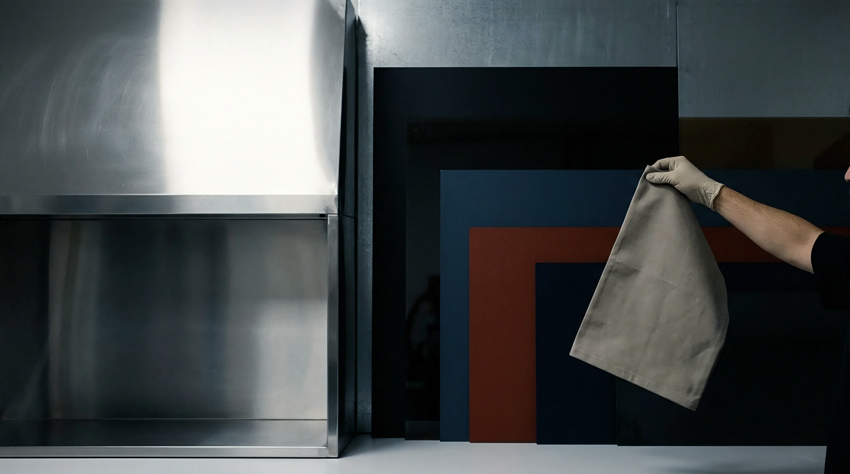 A gloved hand holds a neutral fabric swatch against a display of various industrial material panels in a laboratory setting.