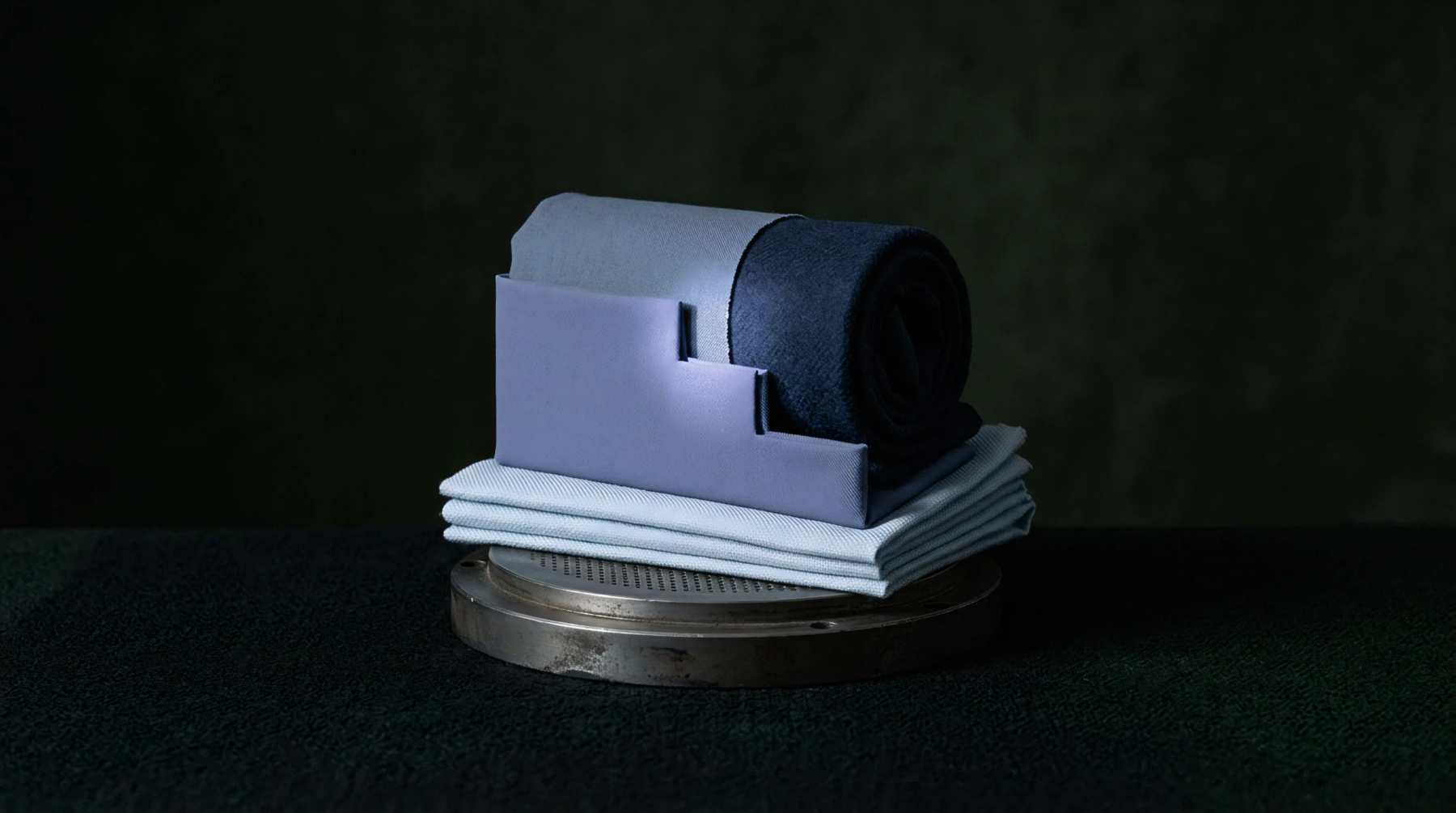 Stacked fabric swatches and a rolled textile piece are displayed with a stepped holder and a perforated metal component on a dark surface.