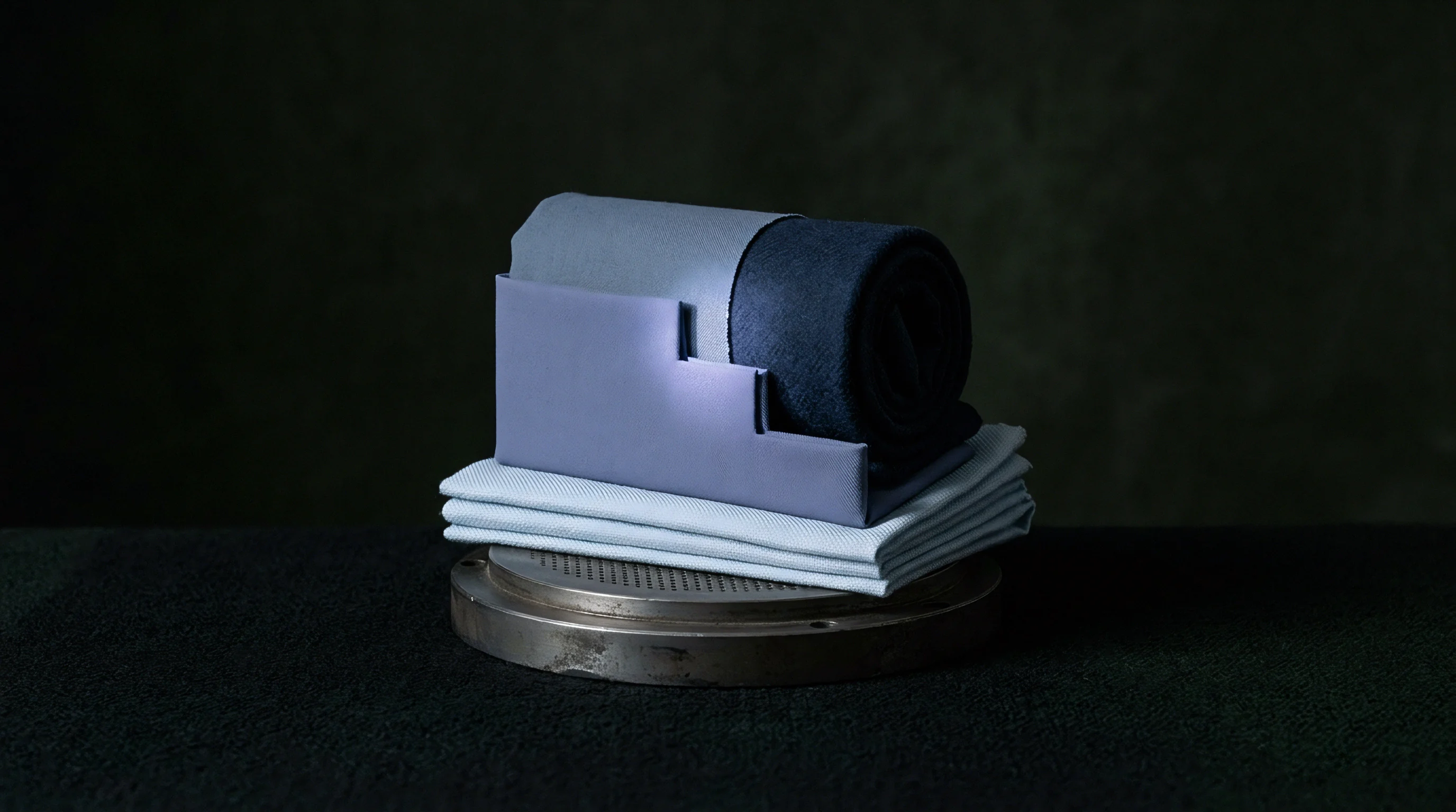 Stacked fabric swatches and a rolled textile piece are displayed with a stepped holder and a perforated metal component on a dark surface.