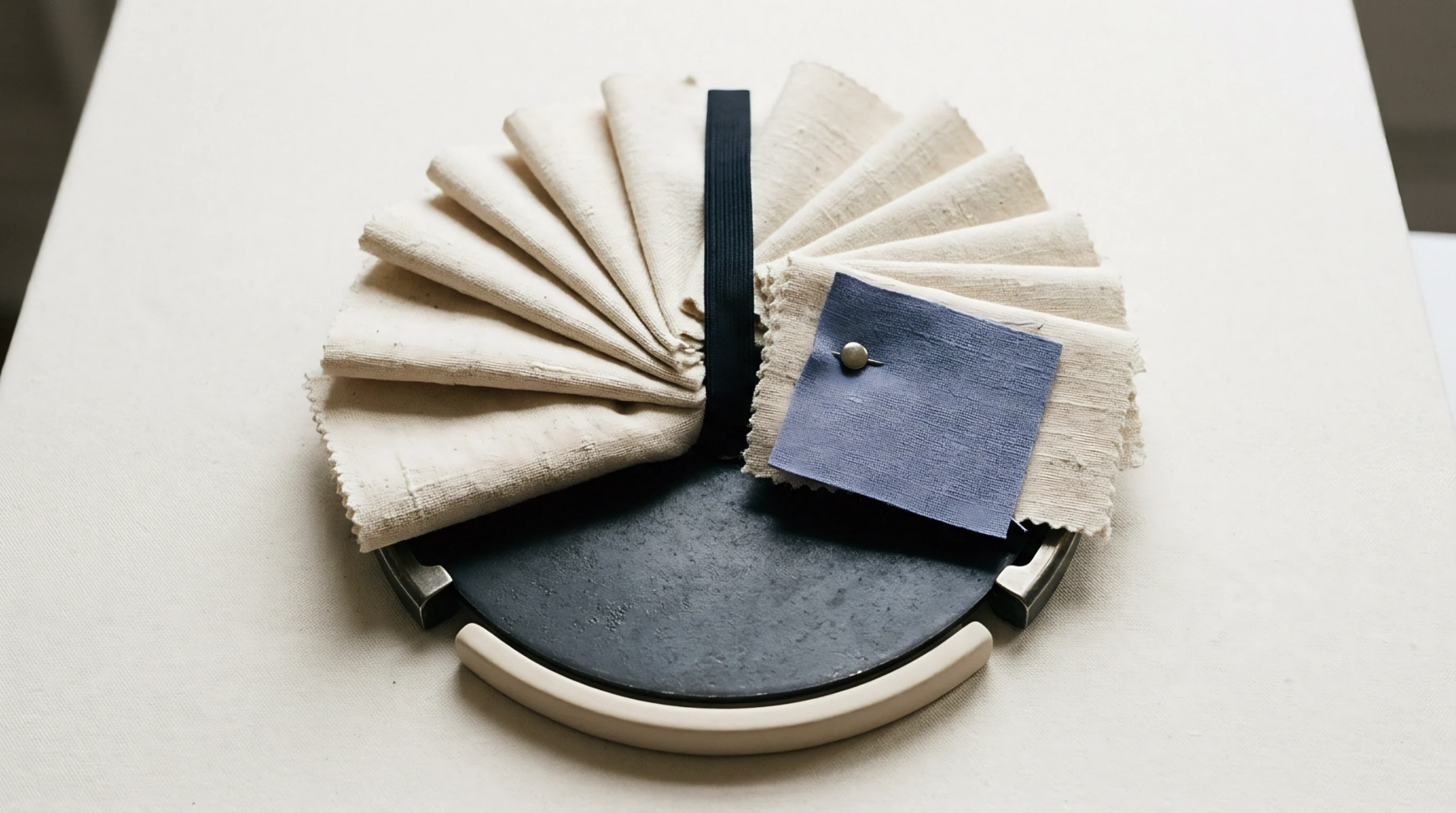 Fan folded woven fabric samples in neutral hues and a pinned blue swatch rest on a dark circular display base.