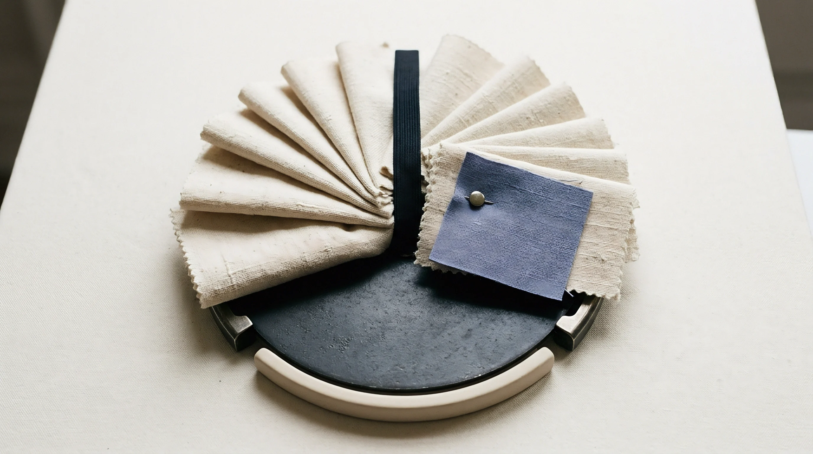 Fan folded woven fabric samples in neutral hues and a pinned blue swatch rest on a dark circular display base.