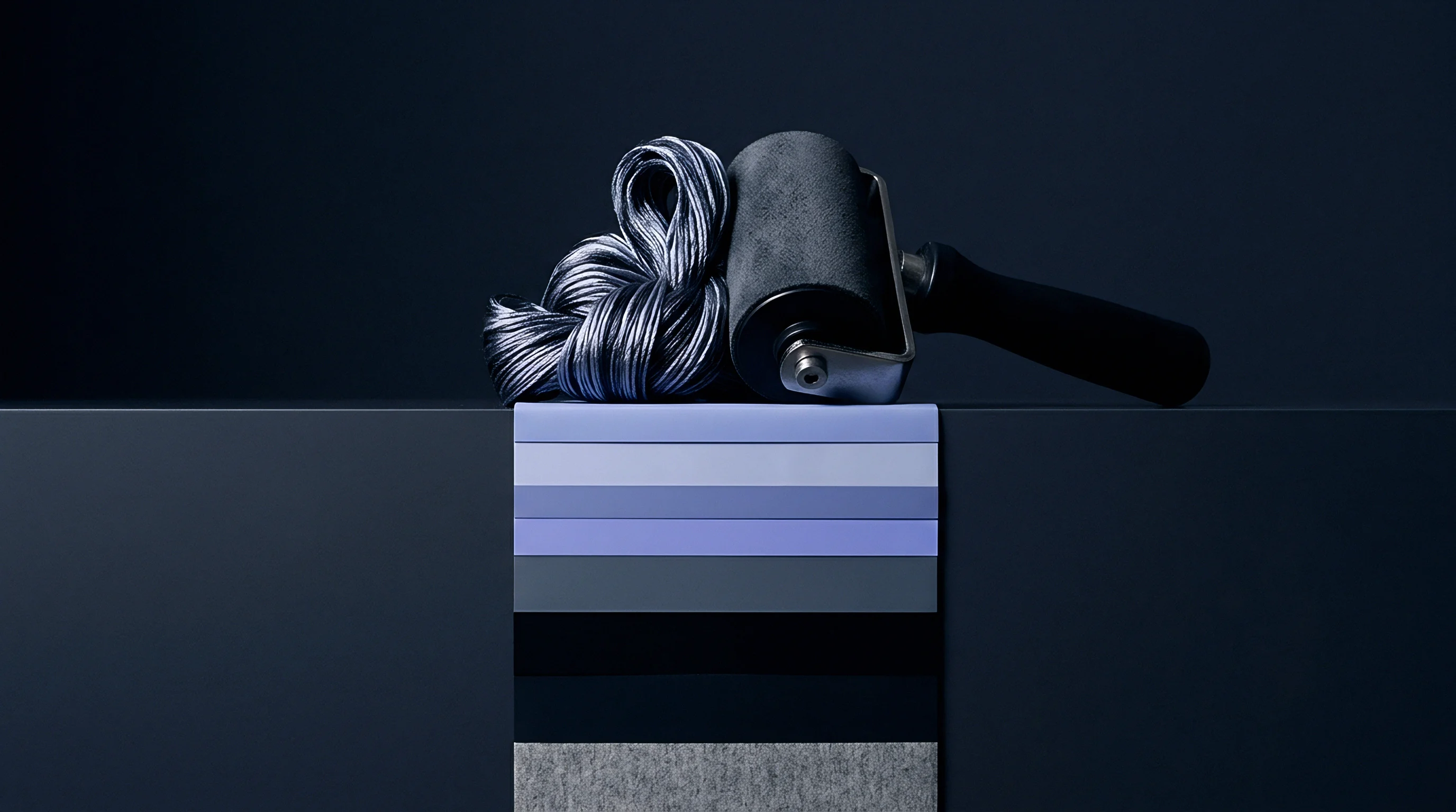 A series of textured fabric color swatches hangs from a dark platform beside a bundled synthetic yarn and a finishing hand roller.