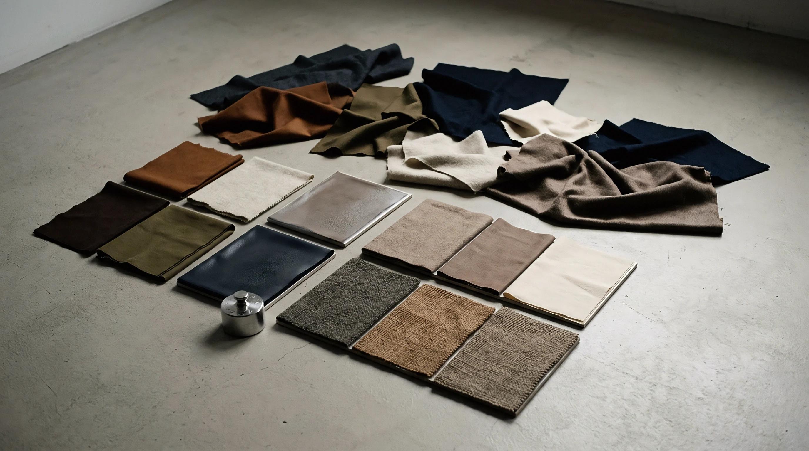 Assorted woven fabric swatches and dyed textile samples lie arranged across a neutral concrete floor during material sourcing.