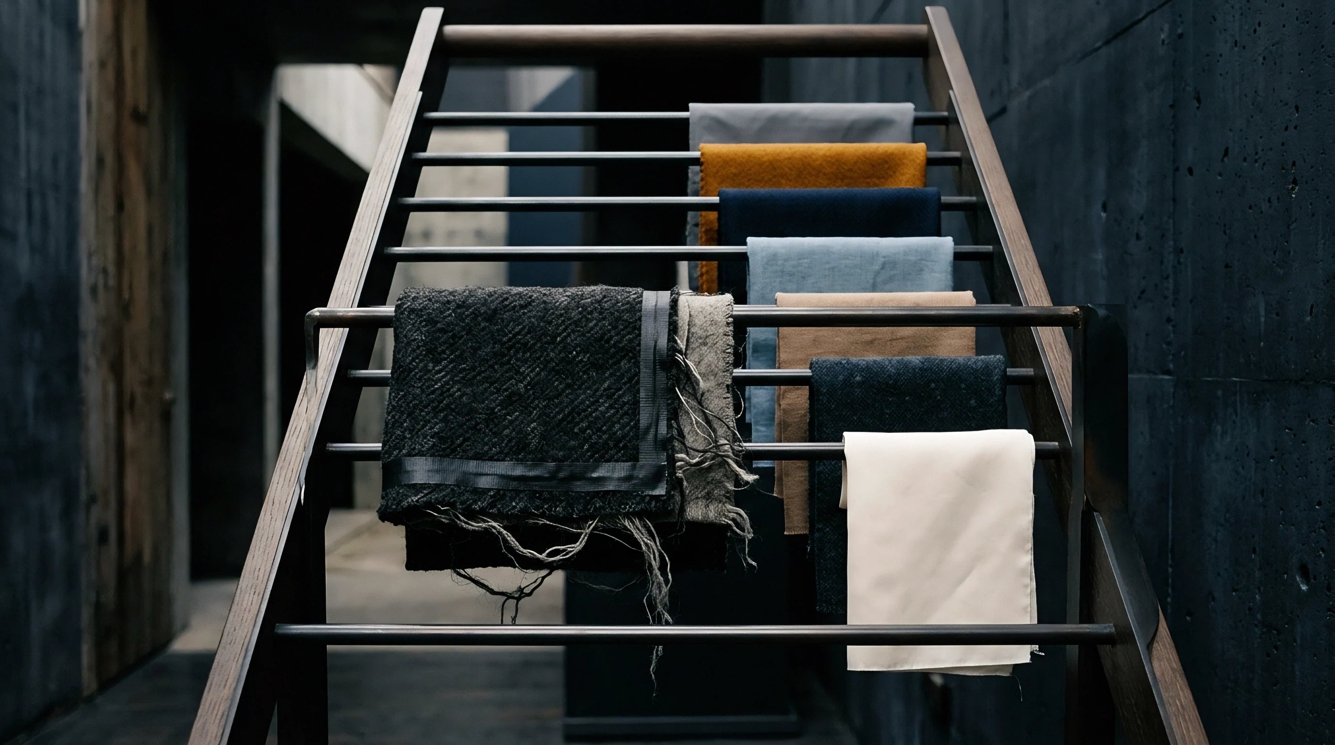 Various fabric swatches in natural and synthetic fibres rest on a tiered wooden display rack within a minimalist industrial textile studio.