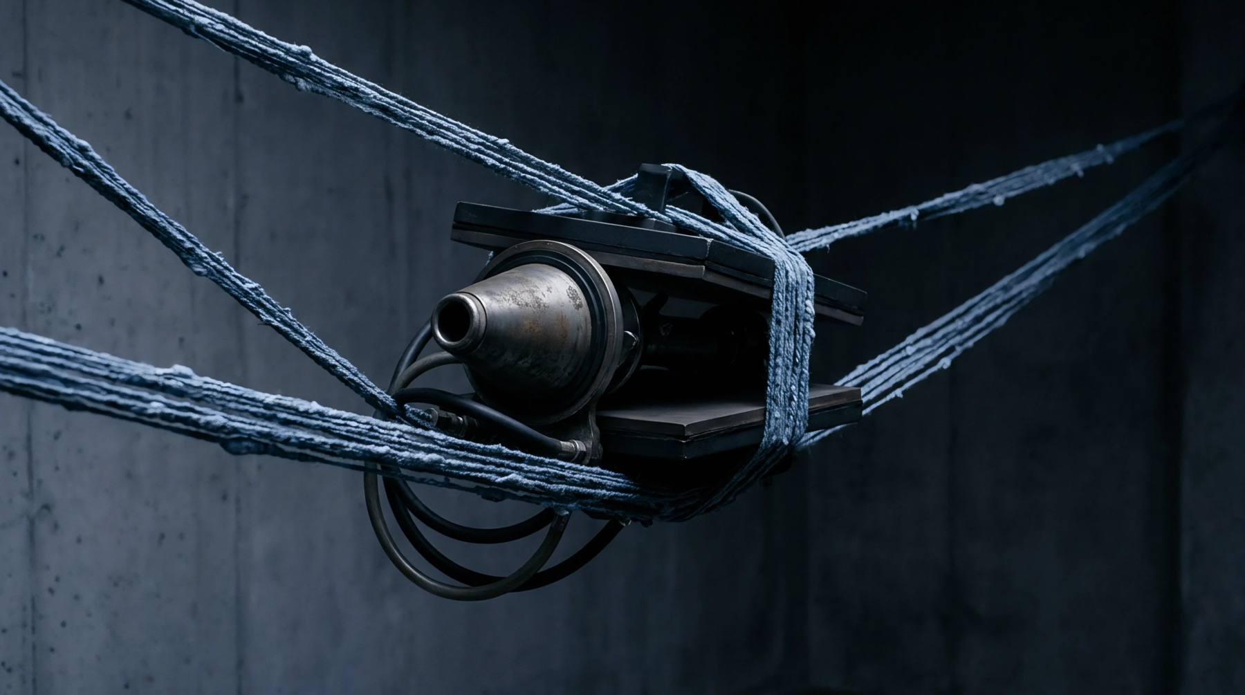 Heavy fiber strands feed through a central industrial extrusion nozzle assembly suspended within a stark concrete processing chamber.