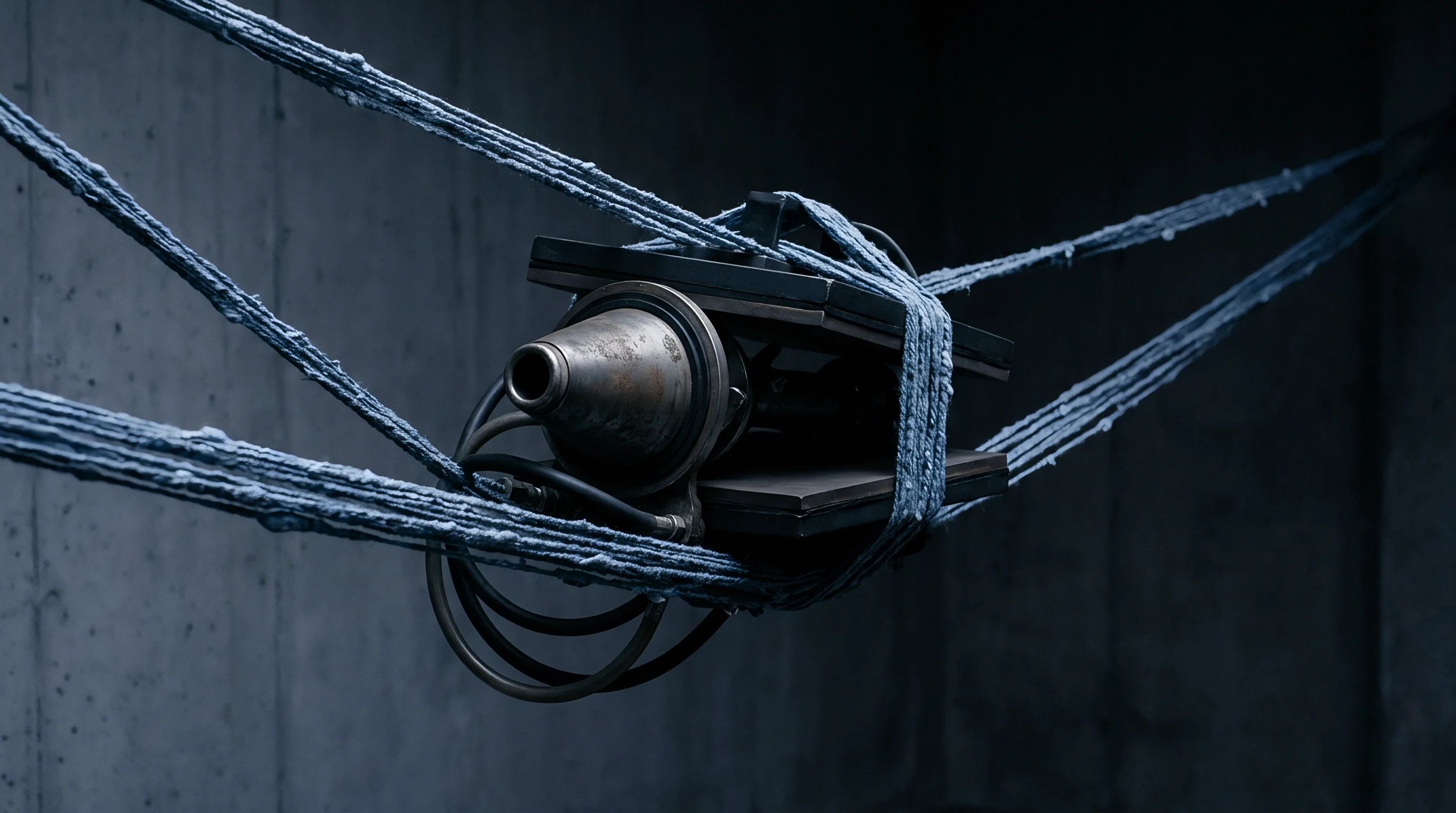 Heavy fiber strands feed through a central industrial extrusion nozzle assembly suspended within a stark concrete processing chamber.
