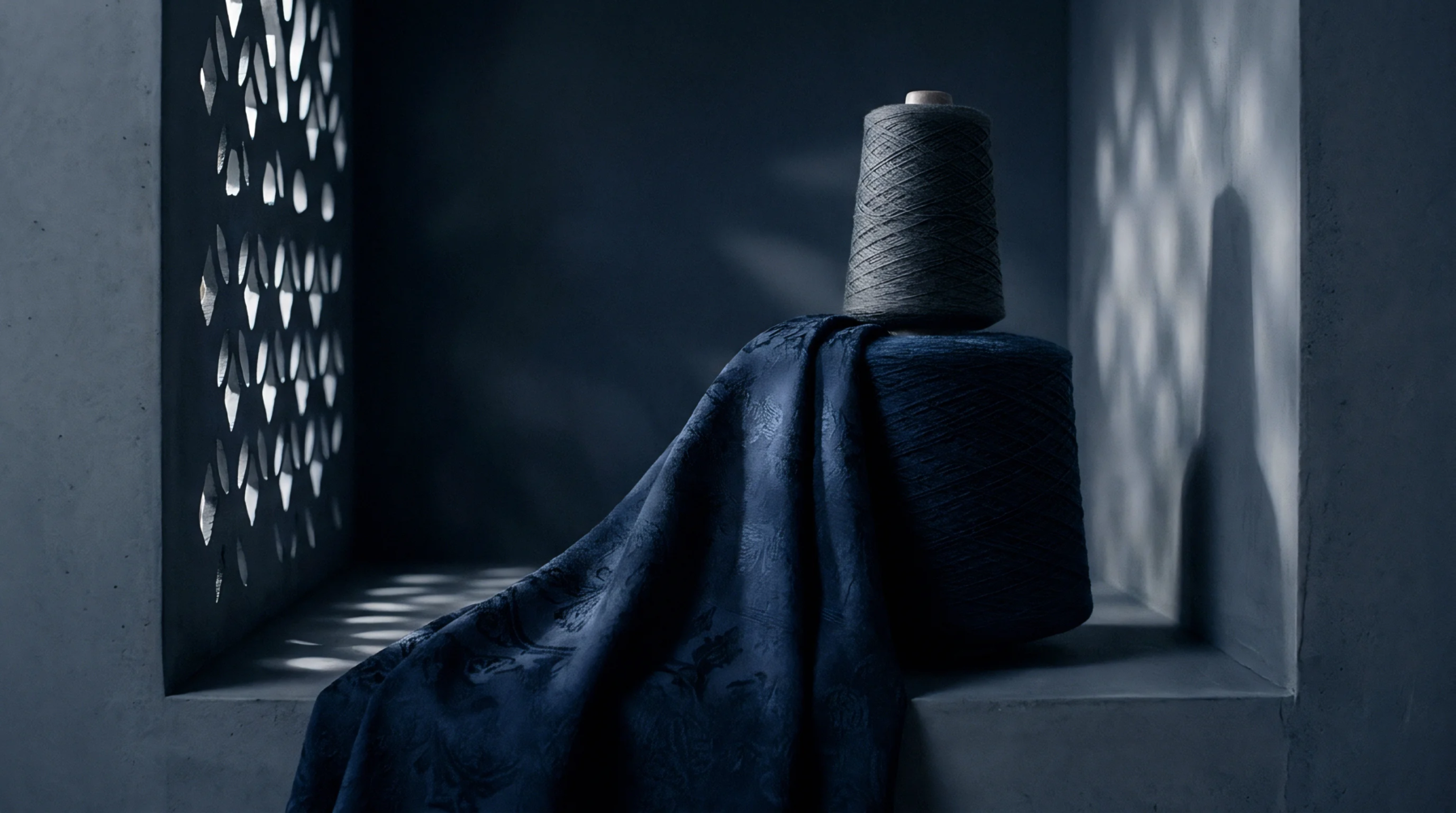 Two spools of textile yarn and a length of dark blue patterned fabric drape across a recessed architectural shelf.