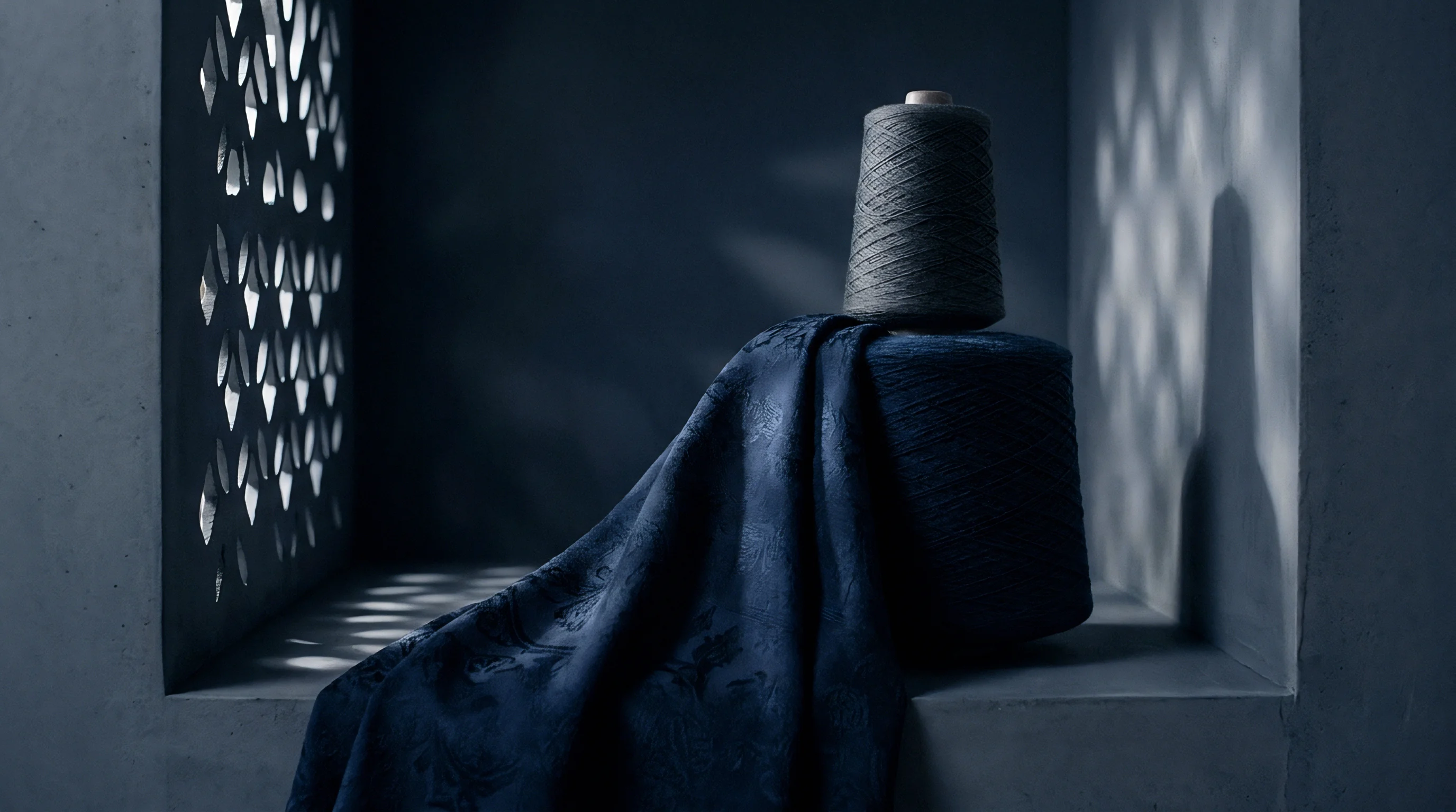 Two spools of textile yarn and a length of dark blue patterned fabric drape across a recessed architectural shelf.