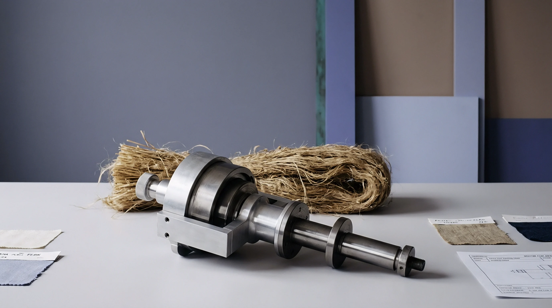A polished metal machine component rests on a white table beside a large bundle of light brown raw flax fibers.