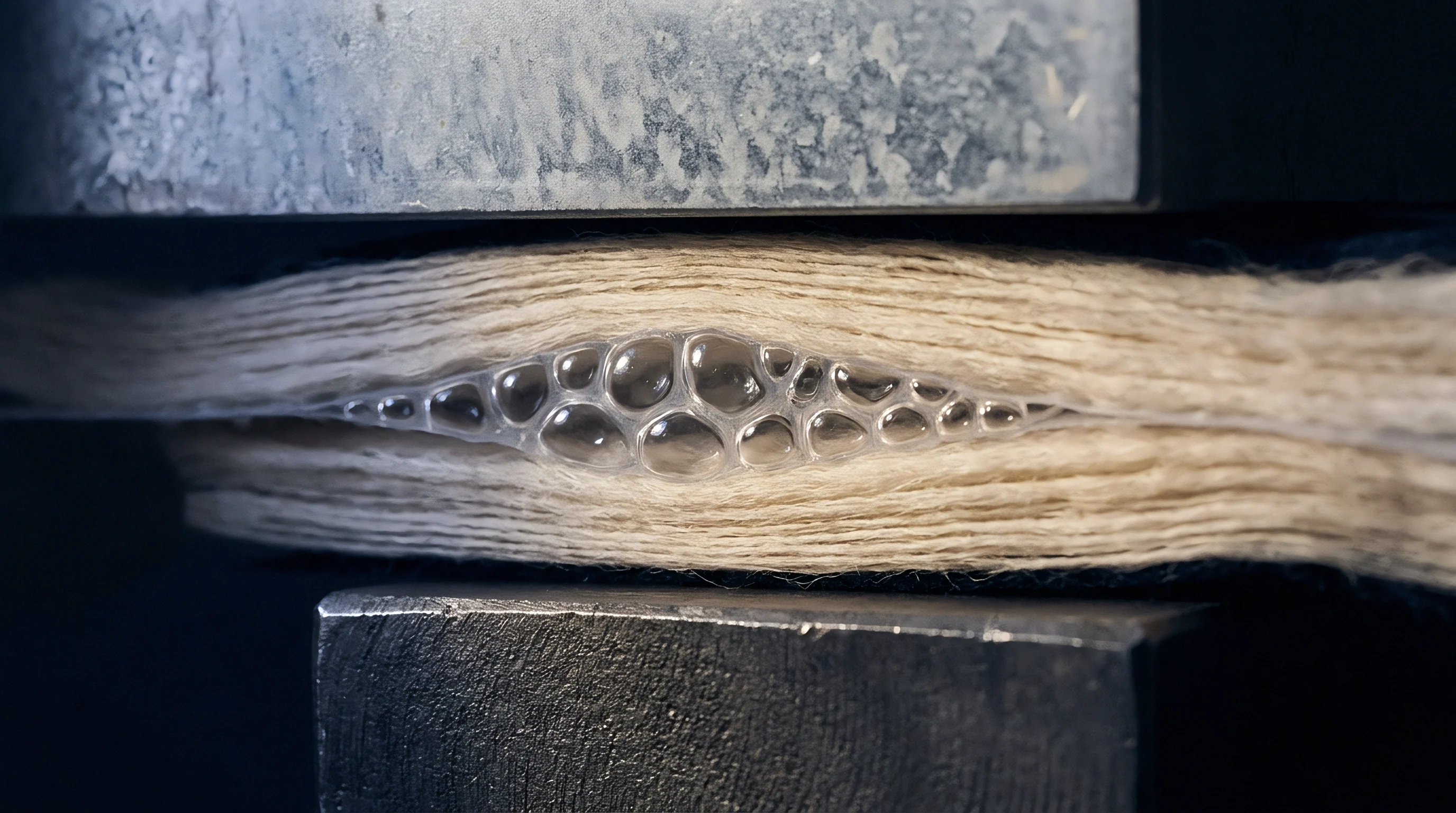 A bundle of light-colored fibrous material is compressed between two dark metal surfaces, showing a central band of trapped air bubbles.