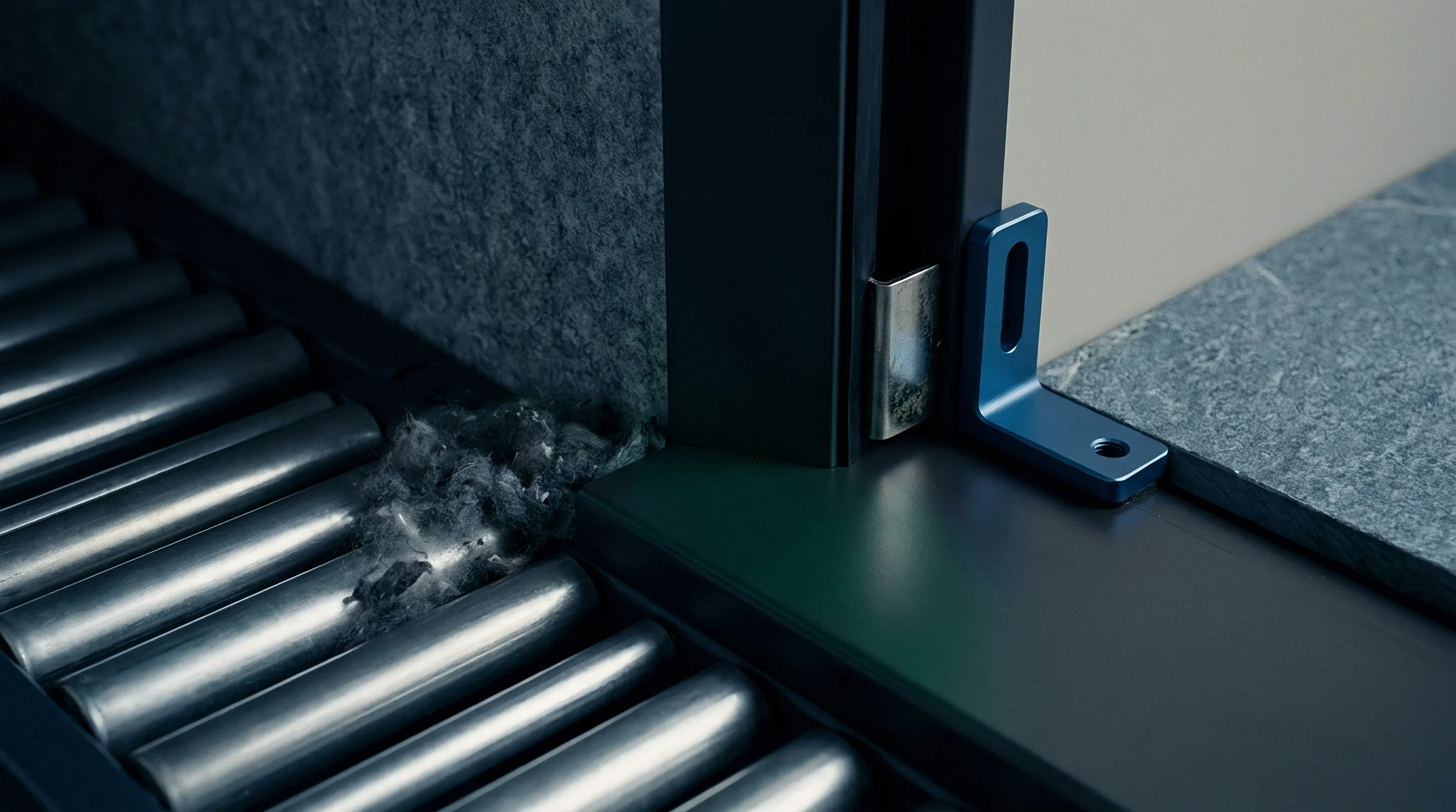 Grey loose synthetic fibres rest on steel rollers of an industrial machine next to a nonwoven felt panel.