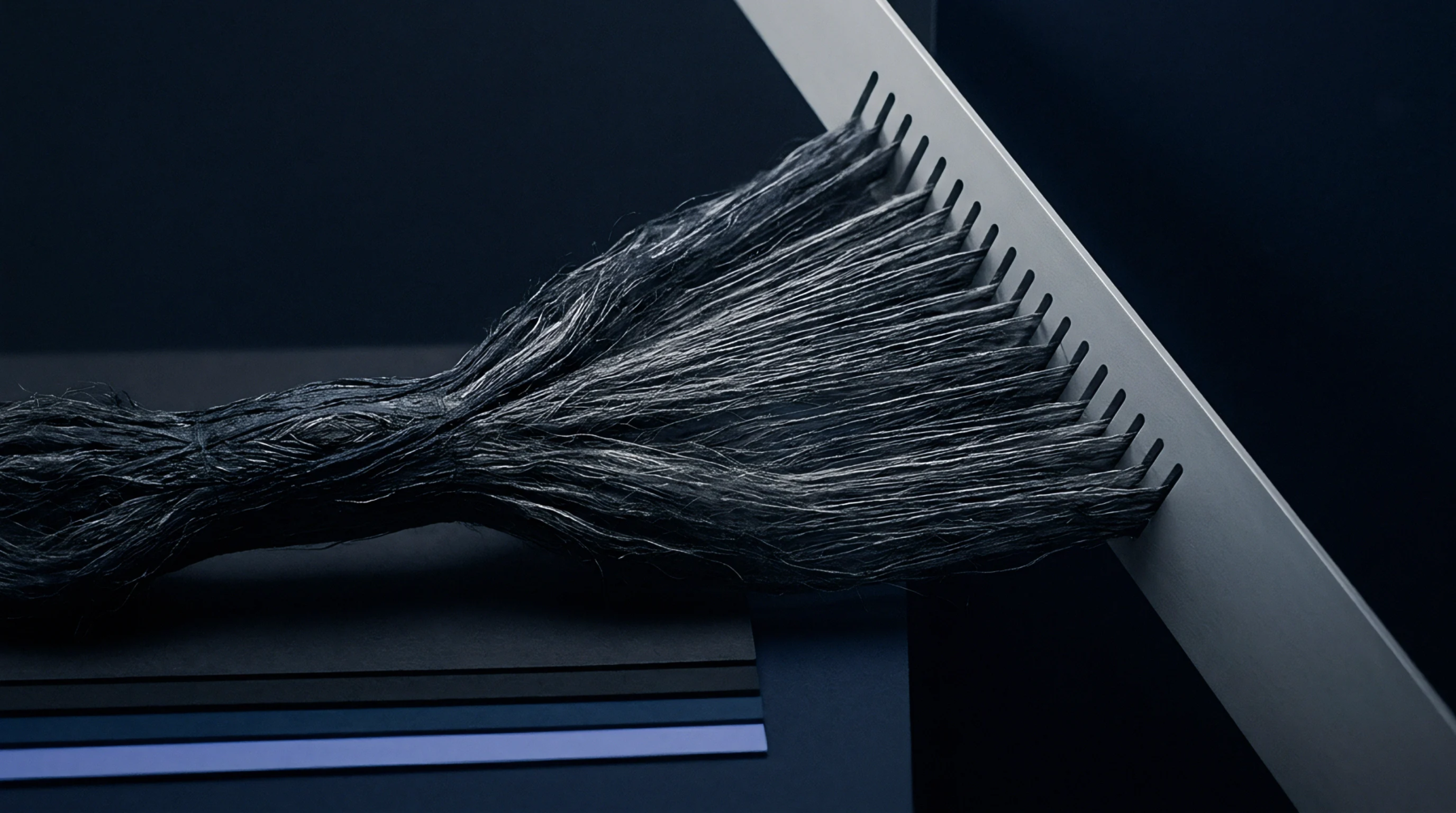 A bundle of dark grey synthetic fibres passes through the slotted teeth of a metal guide plate on a dark workspace.