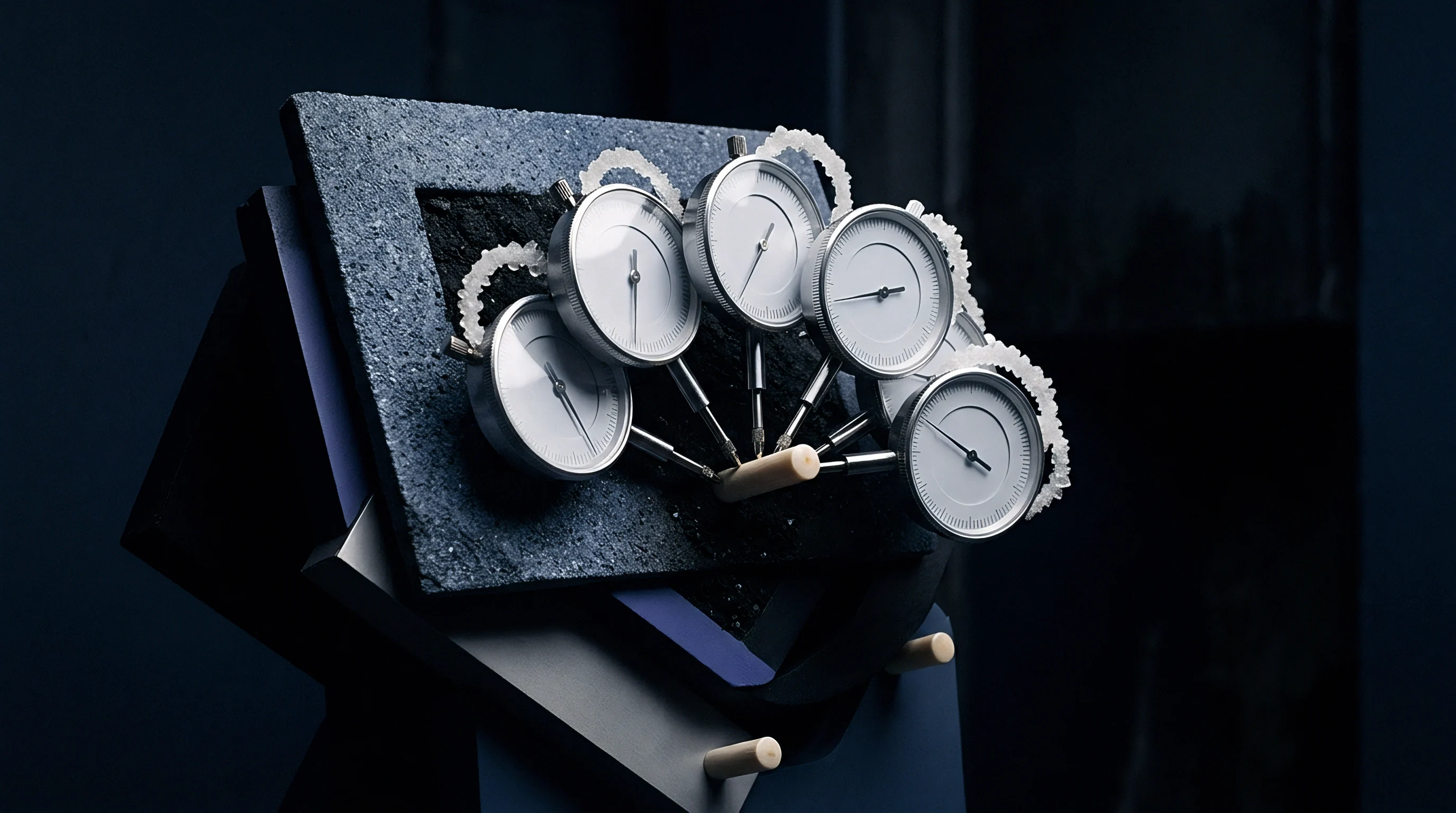 Five mechanical dial indicators mounted on a textured stone surface display alignment for precise calibration of industrial textile looms and finishing equipment.