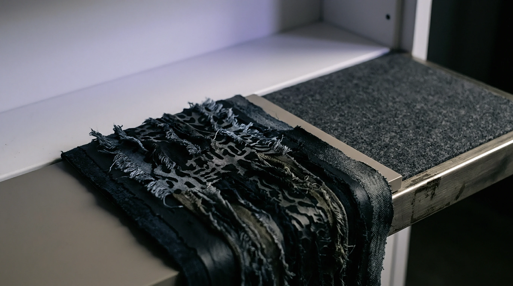 Layered fabric swatches with distressed frayed edges and animal print patterns rest on a neutral workshop shelf alongside a textured felt pad.