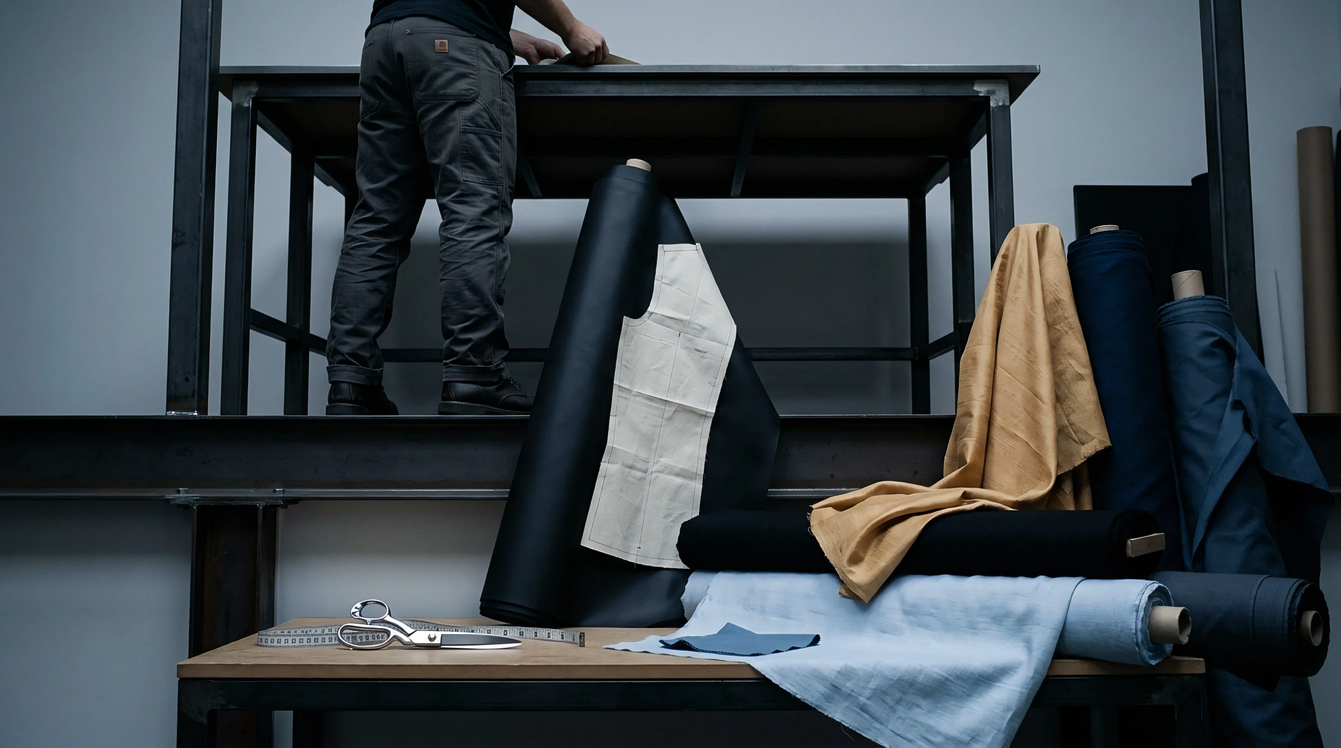 Pattern pieces lie atop black textile rolls alongside scissors and measuring tapes on a wooden work surface within a garment manufacturing studio setting.