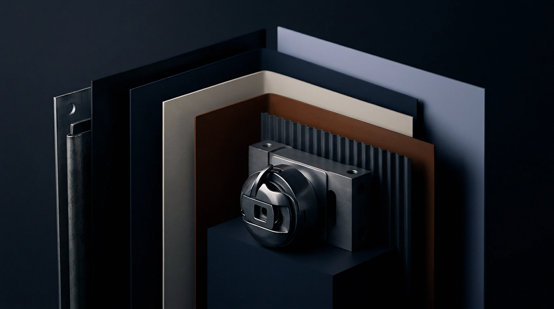Industrial rotary hook components sit before vertical tiers of folded textile panels and rigid construction materials in this digital render.