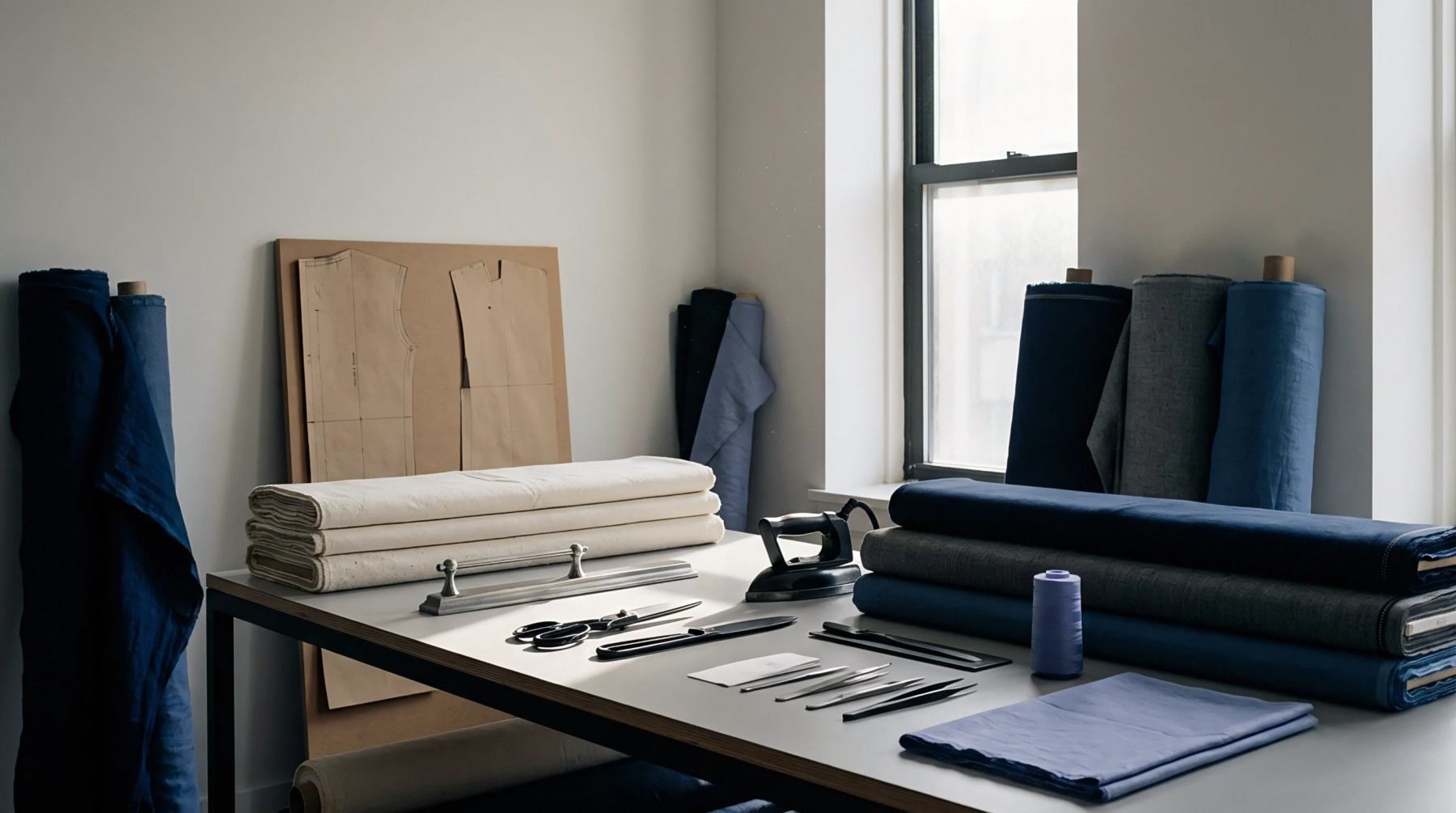 An organized workspace features heavy rolls of indigo denim beside cardboard patterns and professional cutting tools laid across a central work table.