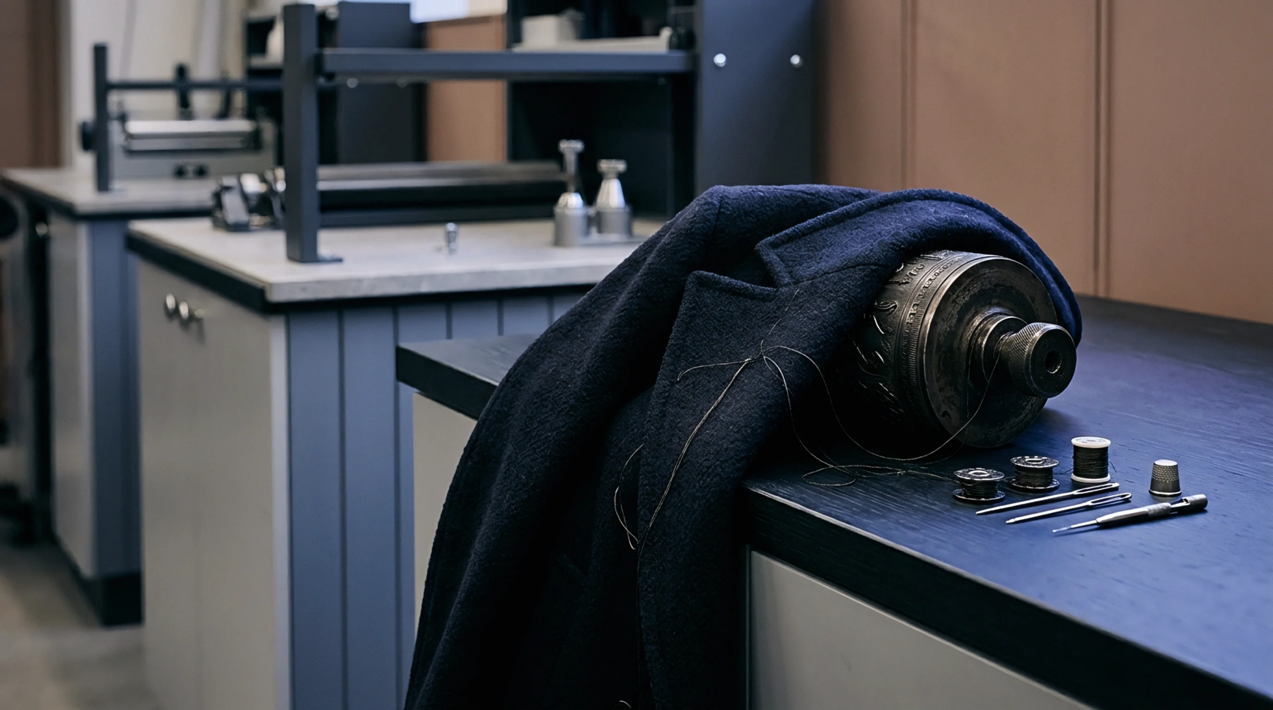 Sewing tools and thread bobbins lie beside a draped heavy wool coat on a workbench in a textile development laboratory.