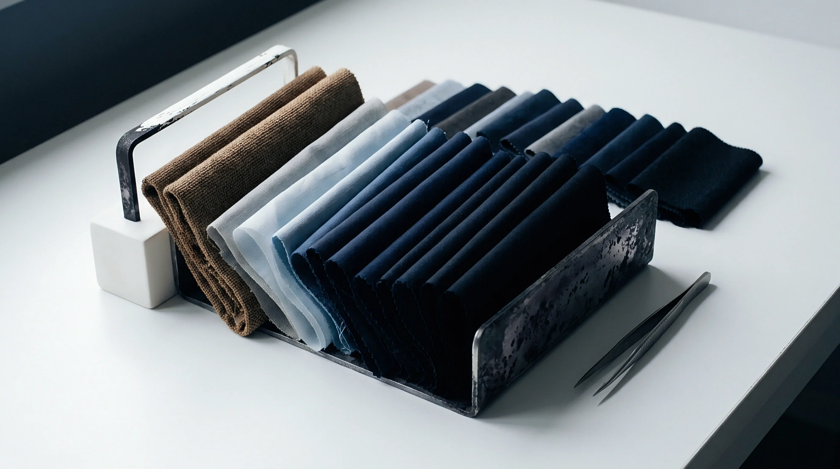 Neatly folded textile swatches exhibiting diverse compositions and surface textures are arranged within a metal display unit on a bright white surface.