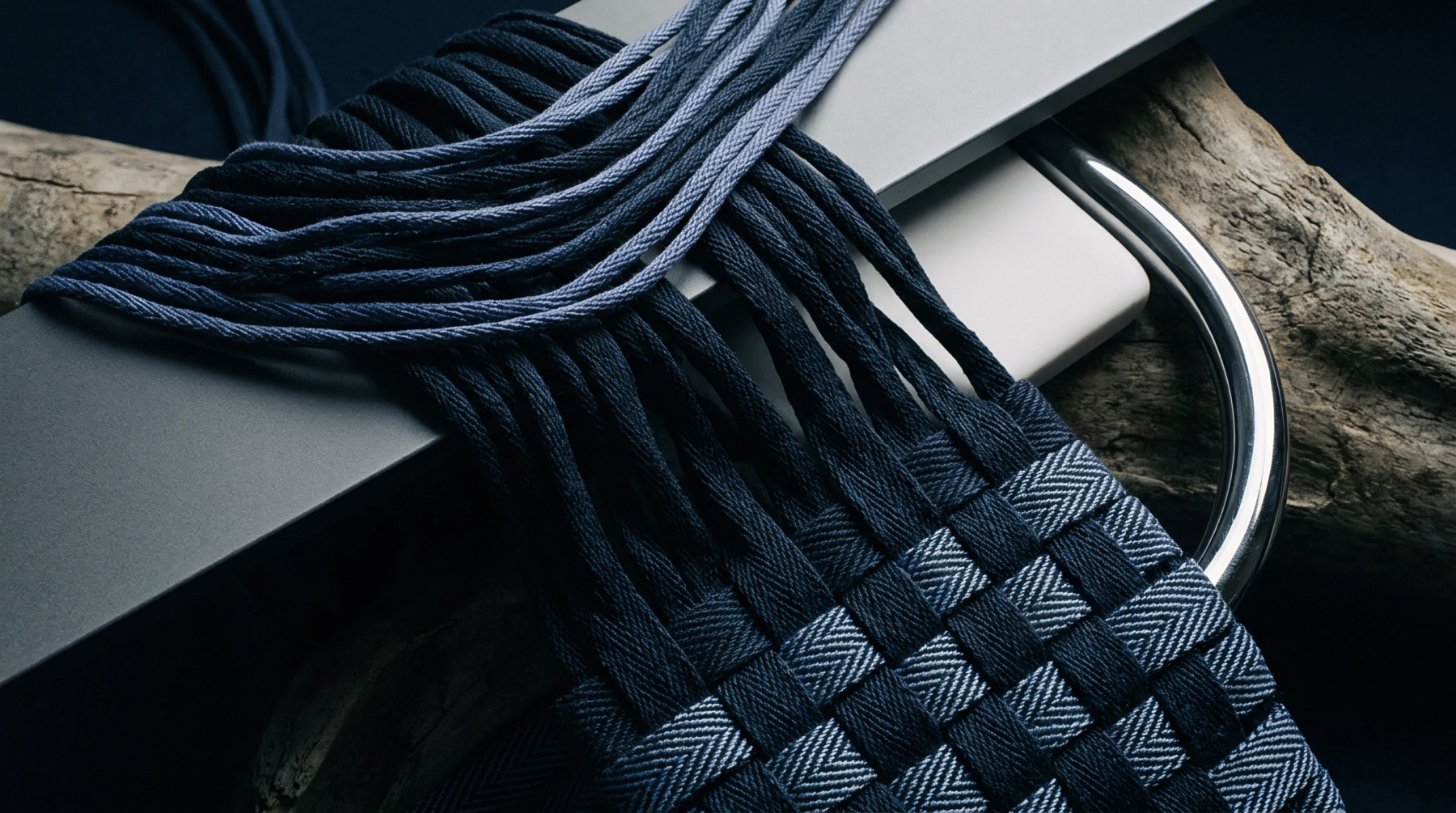 Indigo dyed flat yarns transition into a dense woven grid secured across a grey industrial bracket and weathered timber support.