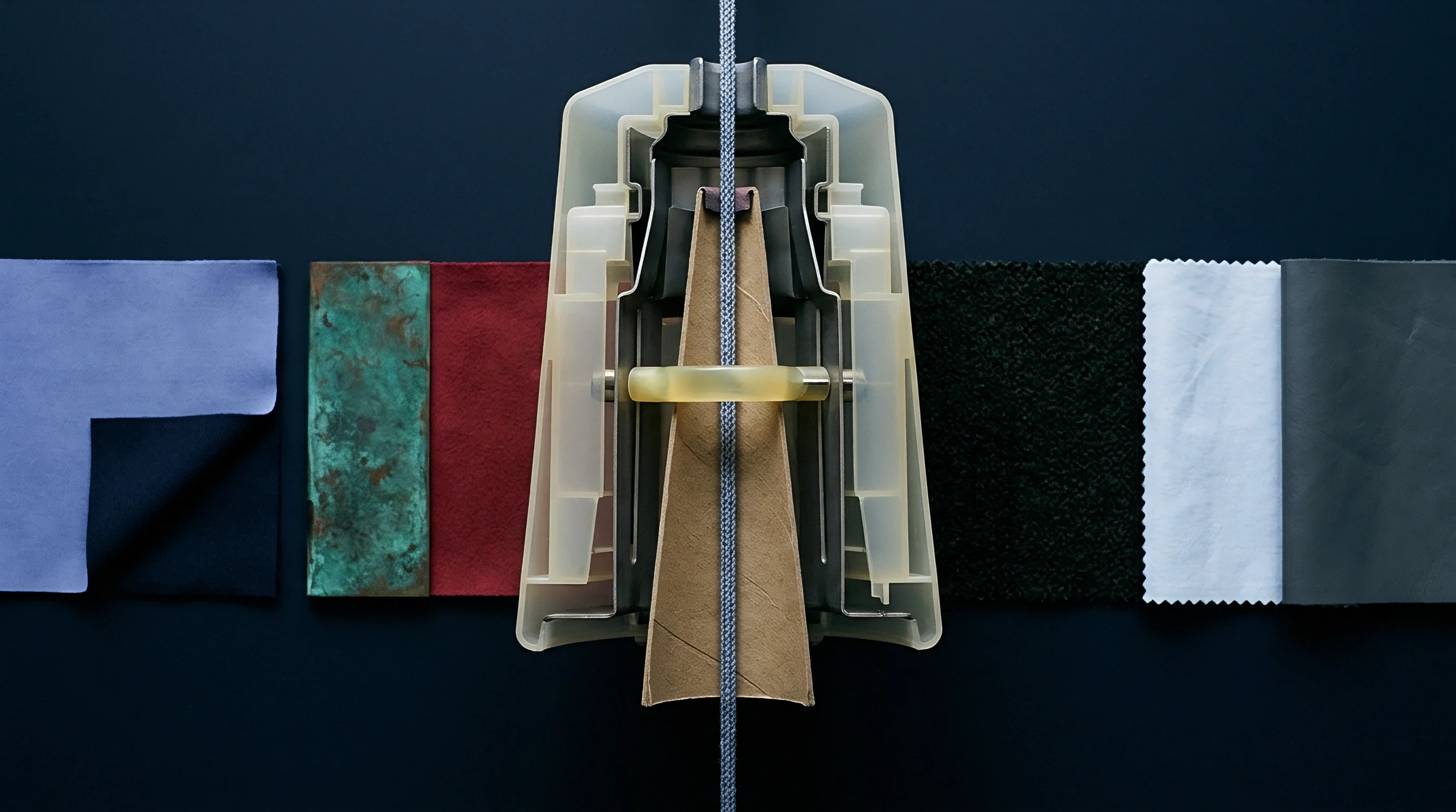A physical cutaway of a plastic and metal rope gripper is centered among horizontal samples of technical fabrics and textiles.