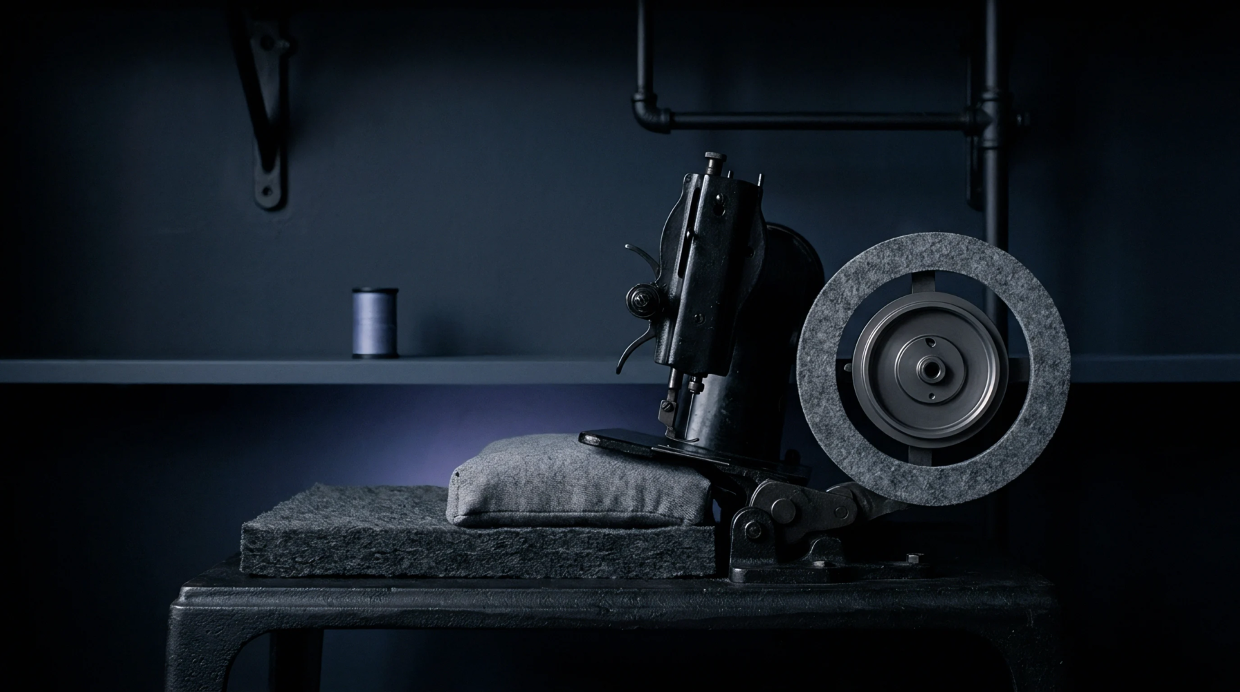 A heavy cast iron blind stitch machine rests on a workbench beside a folded fabric sample inside a dark industrial studio.