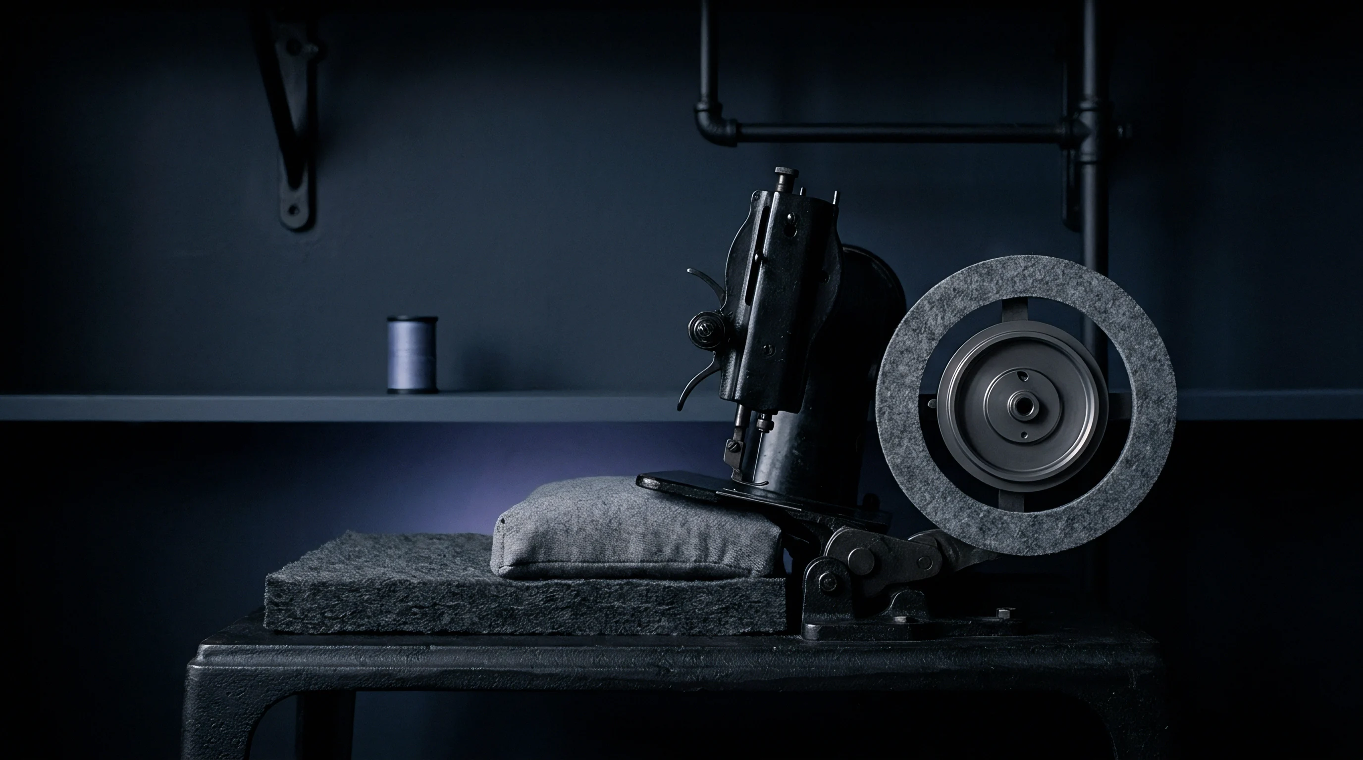 A heavy cast iron blind stitch machine rests on a workbench beside a folded fabric sample inside a dark industrial studio.