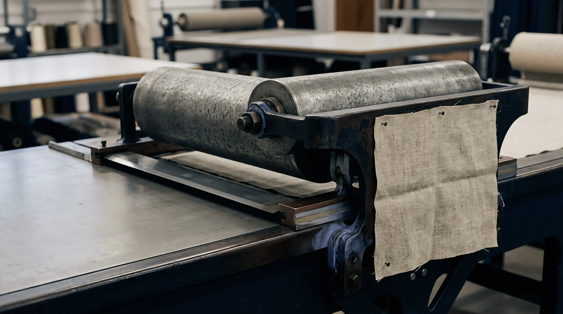 Industrial metal roller sits above a flat steel bed in a workshop equipped for technical fabric processing and surface coating applications.