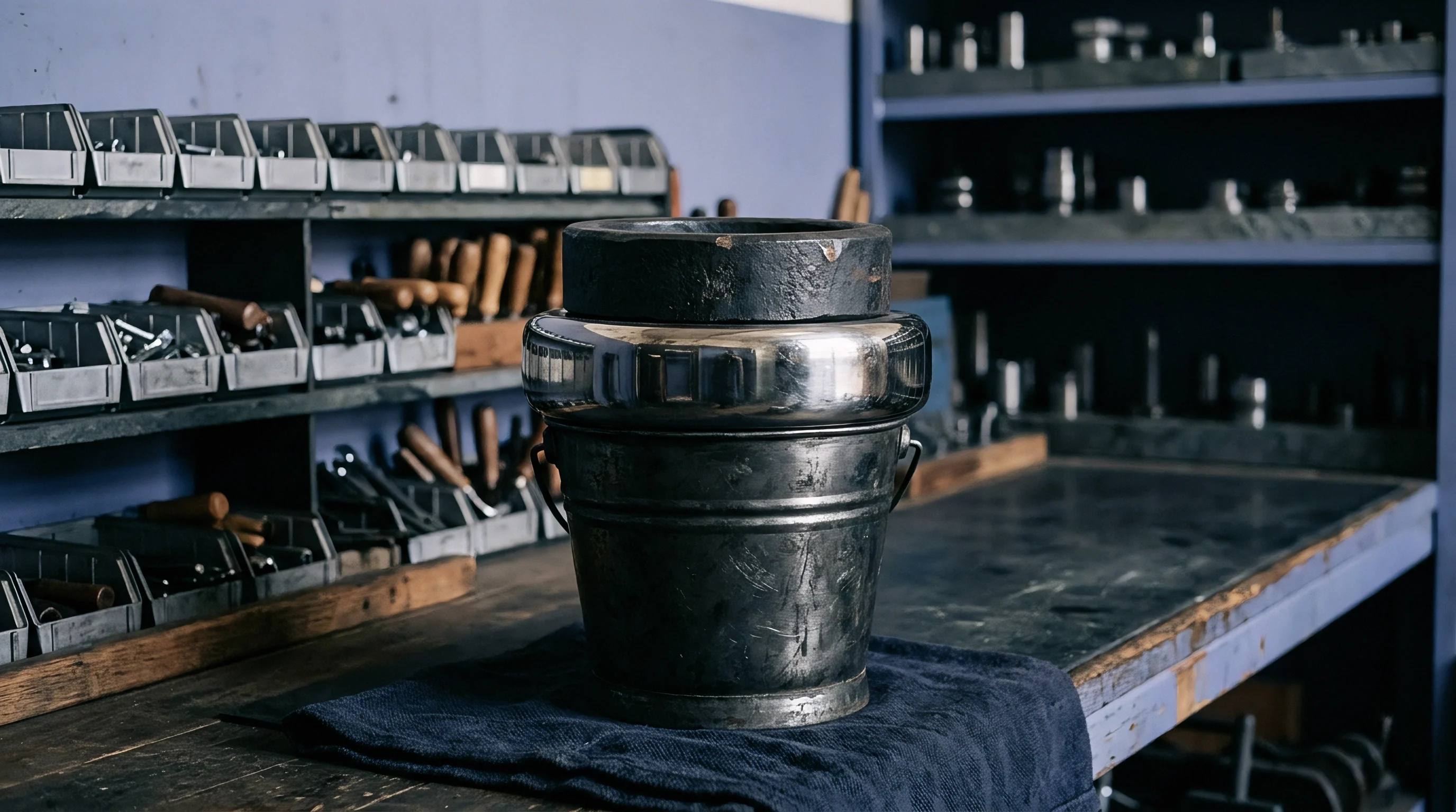 Heavy cast iron and steel machine parts rest stacked vertically upon a dark textile cloth atop an industrial workbench inside a factory.