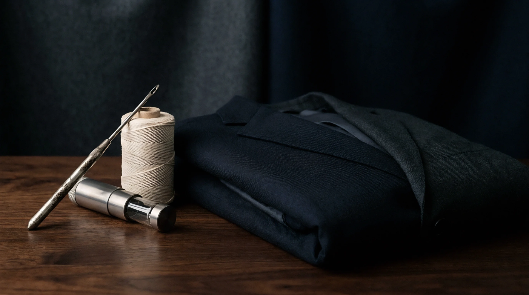 A dark tailored garment fabric, a spool of natural thread, and specialized metal hand tools rest on a rich wooden surface.