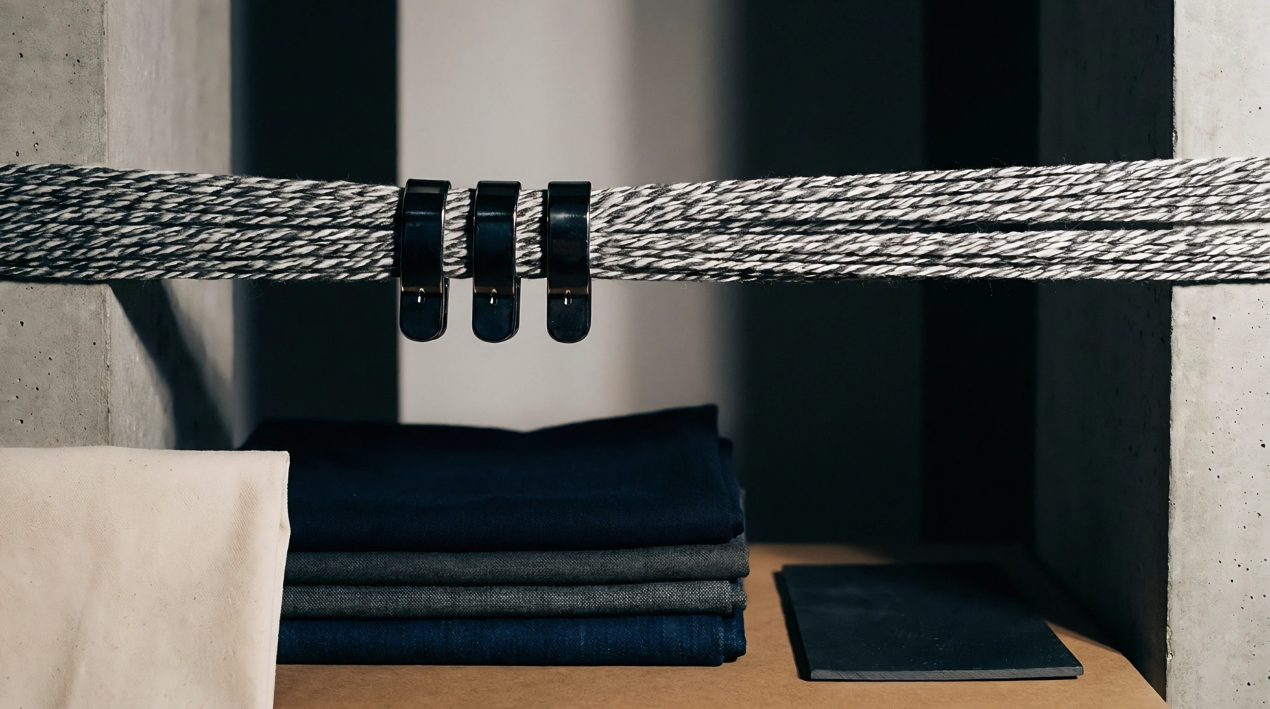 Multi-ply melange yarn secured with metal clamps stretches horizontally above folded textile swatches on a minimalist concrete and timber showroom shelf.
