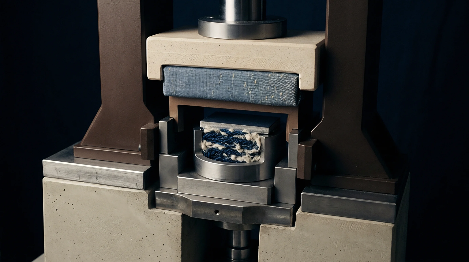Hydraulic apparatus compresses a tightly folded indigo denim swatch within a metal sample holder to evaluate material deformation and structural resistance under vertical load.
