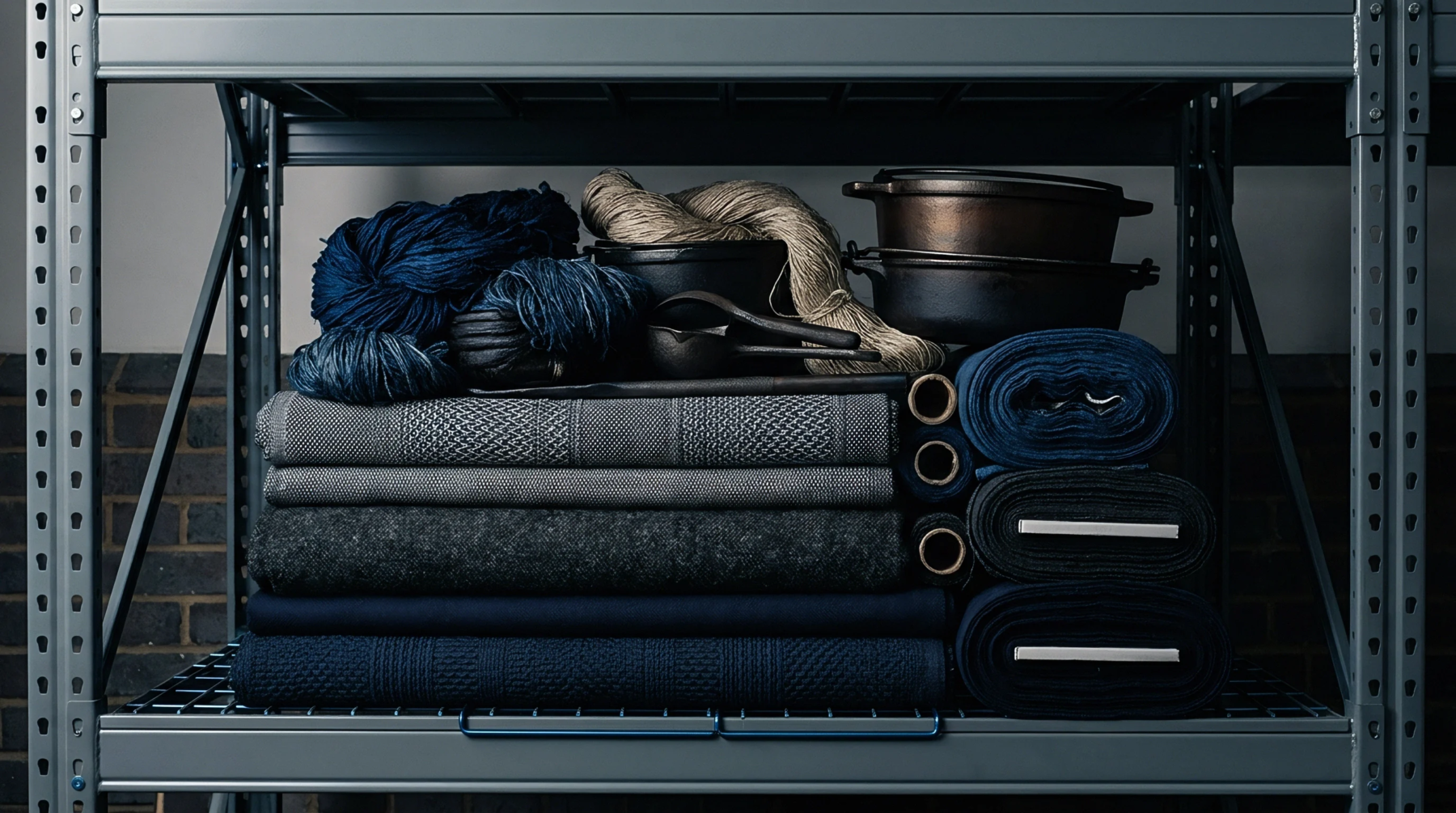 Indigo dyed yarn skeins rest above folded wool blankets and denim rolls on a metallic industrial storage rack inside a workshop environment.