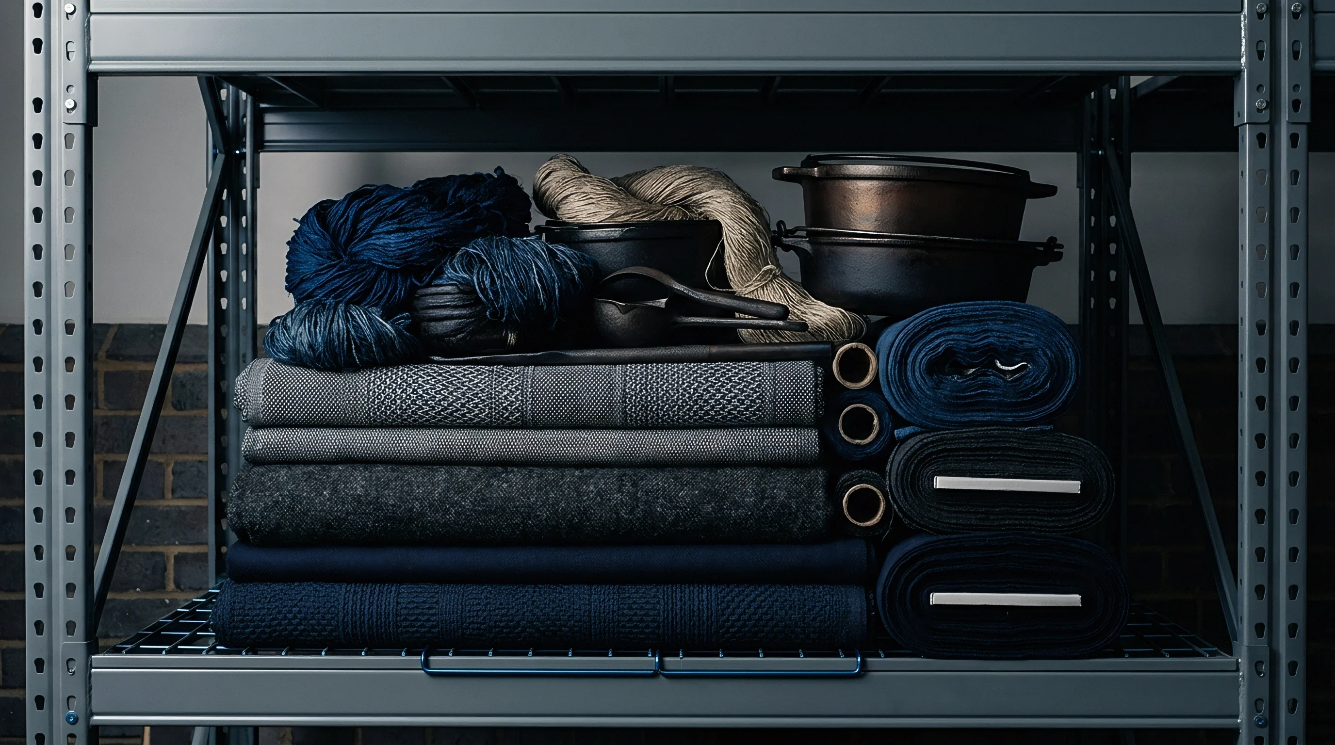 Indigo dyed yarn skeins rest above folded wool blankets and denim rolls on a metallic industrial storage rack inside a workshop environment.