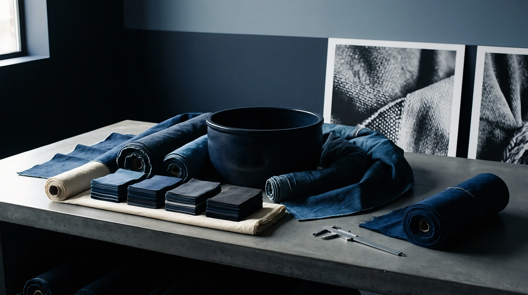 Indigo dyed fabric rolls and stacked denim swatches rest on a concrete workbench alongside a metal caliper and a ceramic vessel.