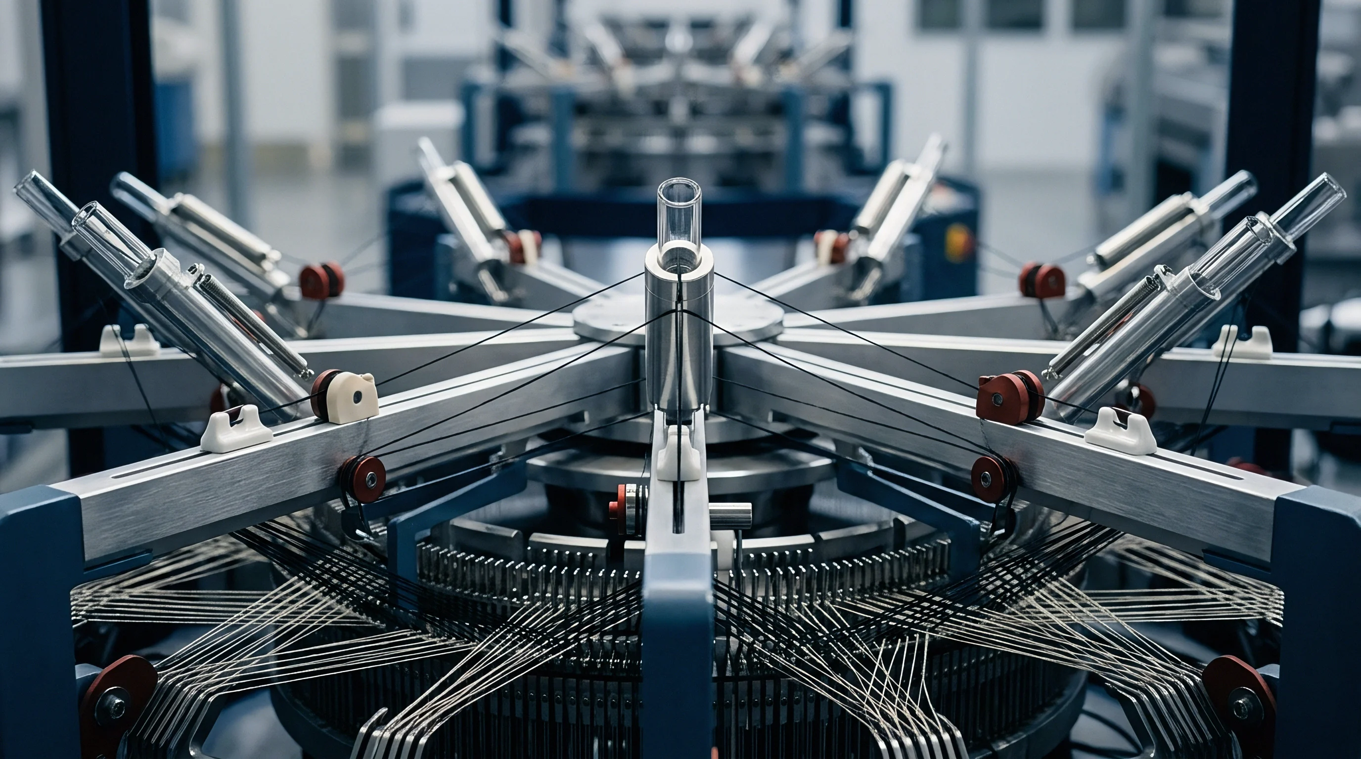 Close-up view of a circular knitting machine's yarn feeding mechanism featuring multiple metallic arms and numerous fine threads.