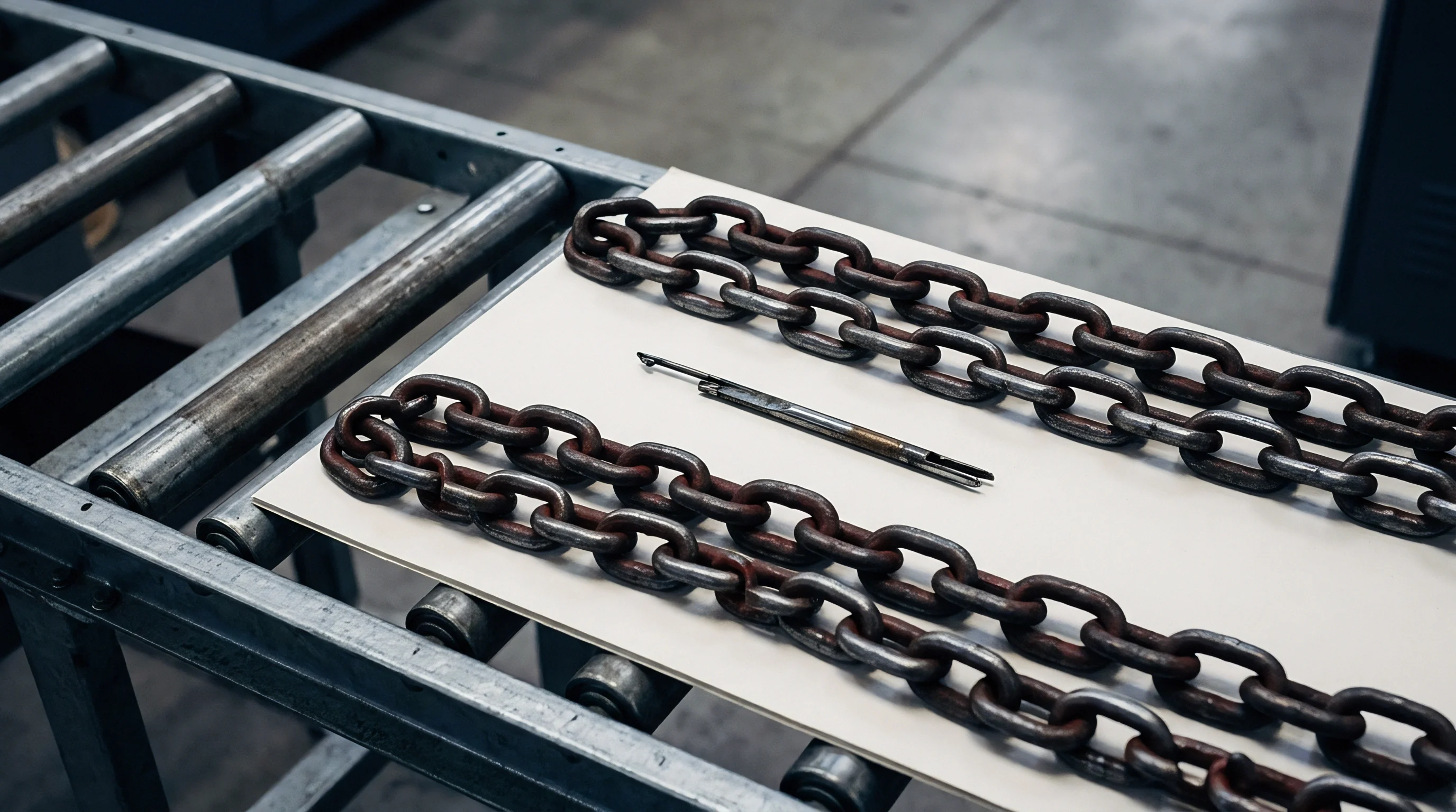 Two lengths of oxidized metal chain and a single steel latch needle rest on a white board atop an industrial roller conveyor.