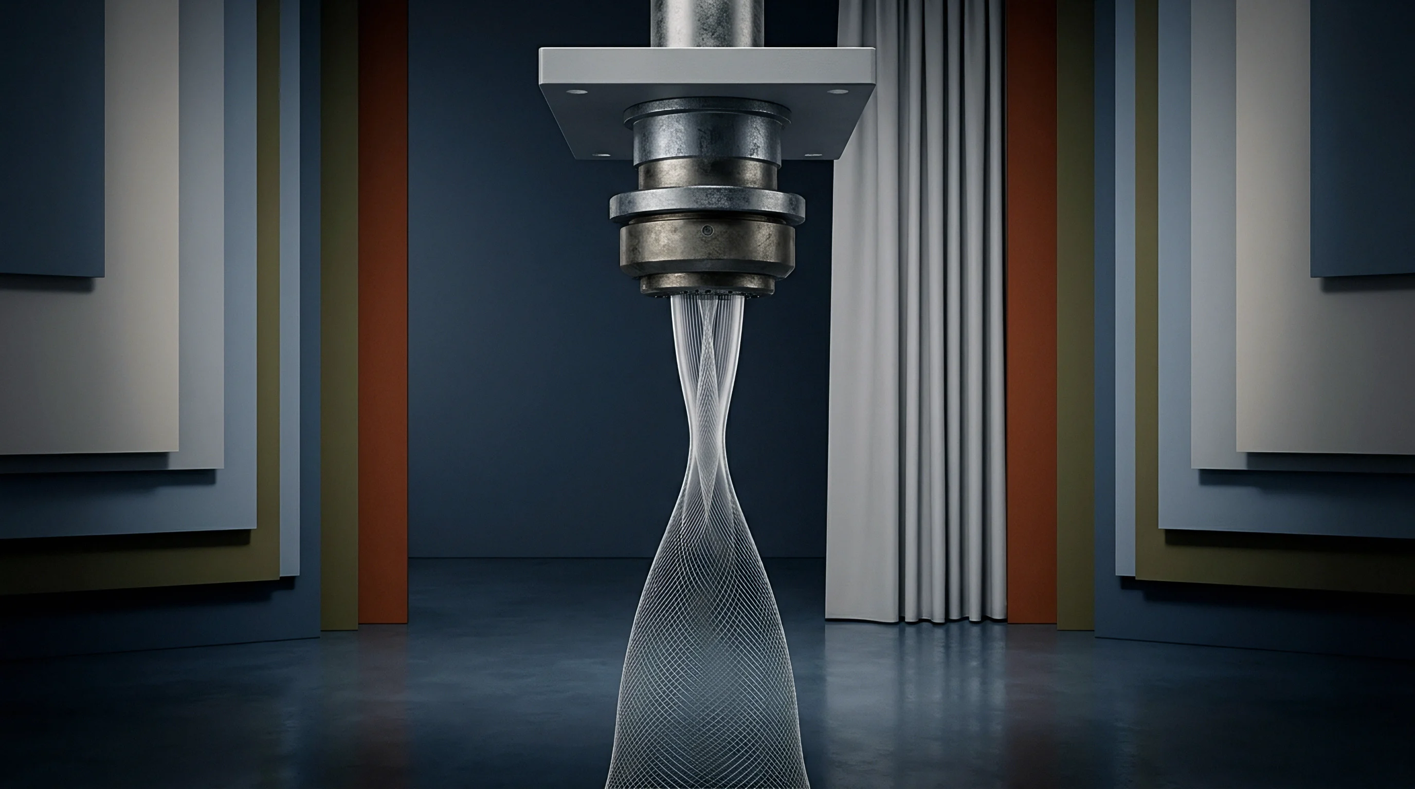 A digital render shows a metallic spinneret nozzle extruding a continuous white mesh of synthetic monofilament fibers in an industrial studio.