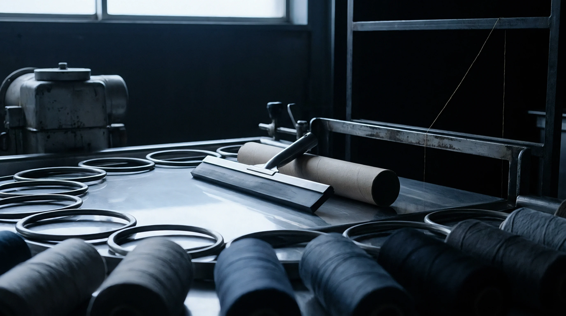 Rows of yarn bobbins sit before a metal workspace holding a hand squeegee and a cardboard tube in an industrial facility.