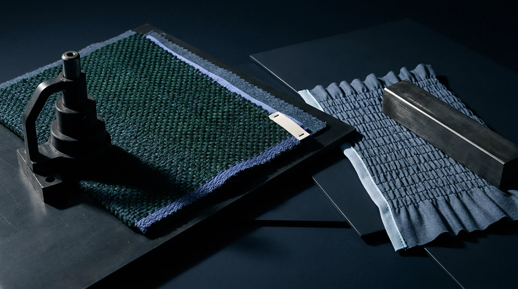 Two woven textile swatches lie on a dark metal workbench alongside heavy industrial clamping and pressing hardware components.