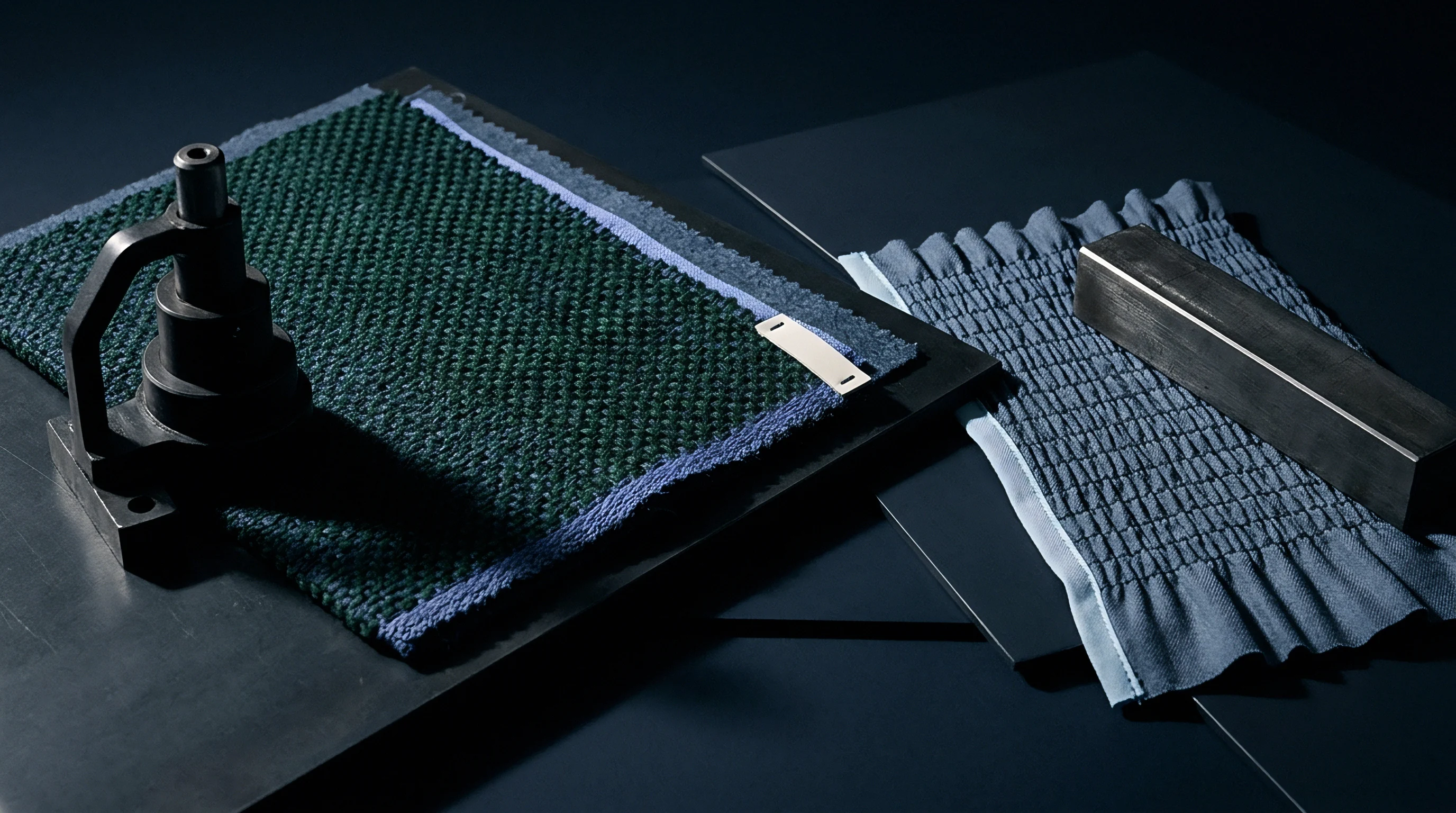 Two woven textile swatches lie on a dark metal workbench alongside heavy industrial clamping and pressing hardware components.