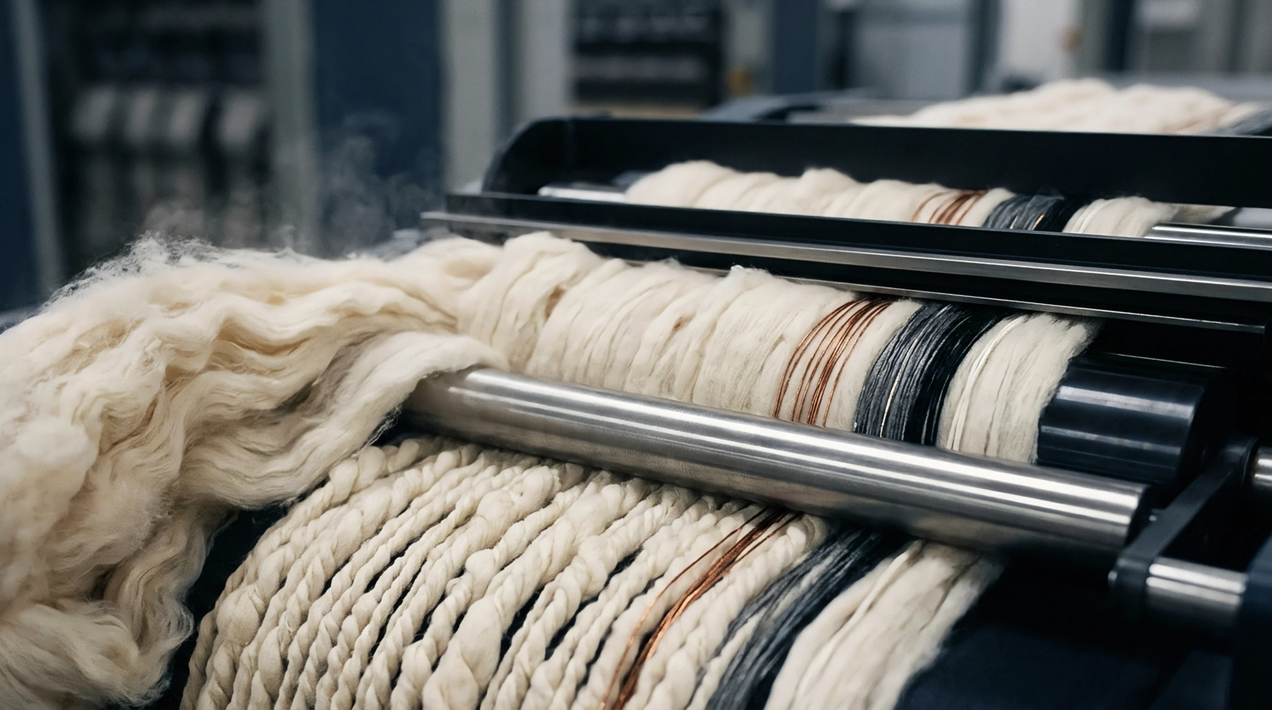 Raw staple fibers feed through heavy industrial metal rollers into parallel strands inside a yarn manufacturing facility.