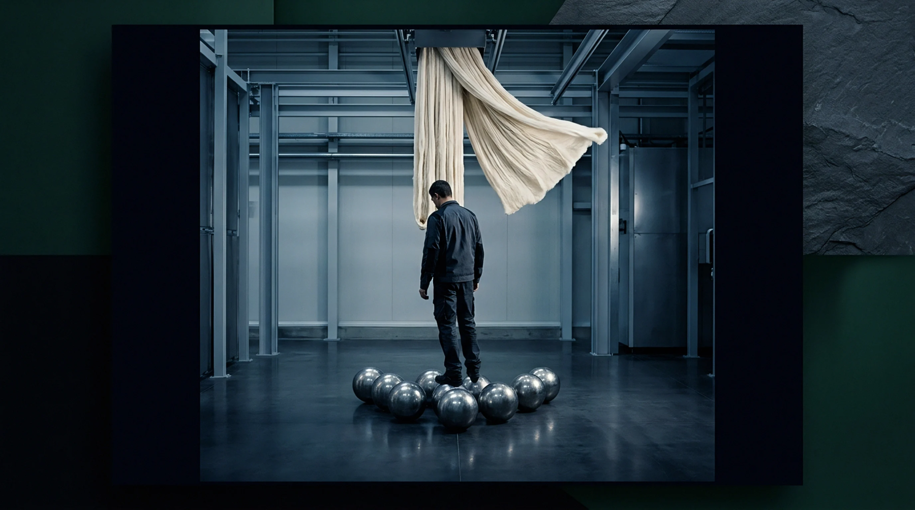 Industrial facility worker stands atop metallic balls beneath suspended voluminous cream colored textile fiber tow hanging from overhead factory framing.