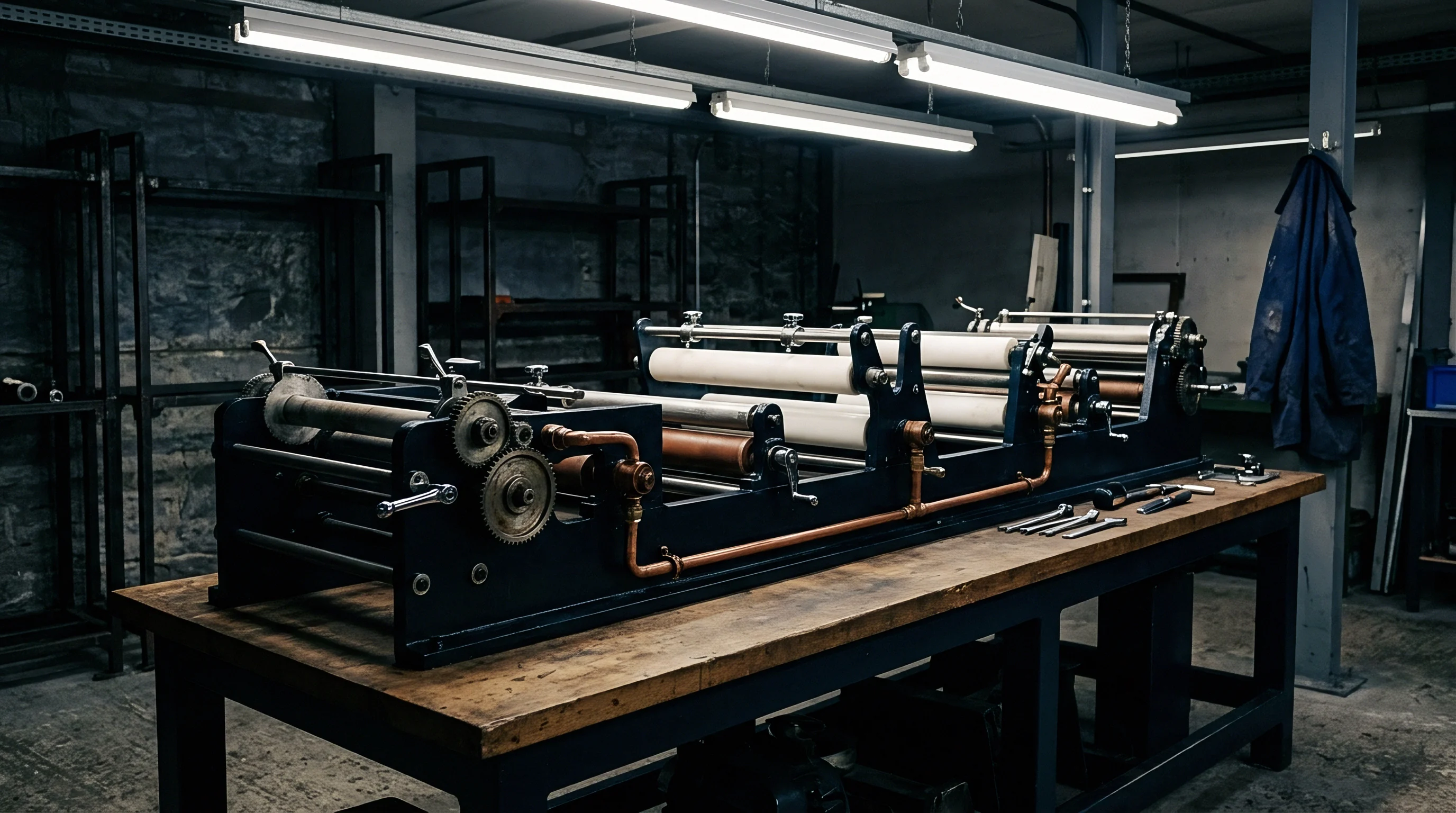 A multi-roll finishing unit with copper pipework and exposed gears sits atop a sturdy timber workbench in a dimly lit workshop.
