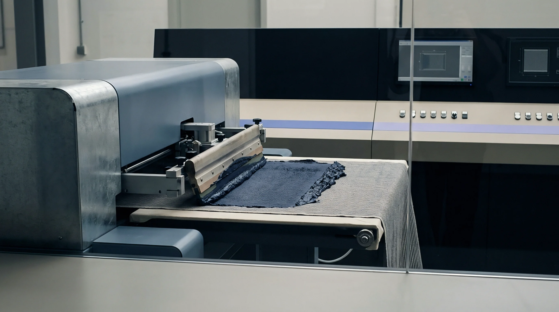 A mechanical squeegee drags thick dark pigment paste across a textile substrate positioned on the flat bed of an industrial screen printing machine.