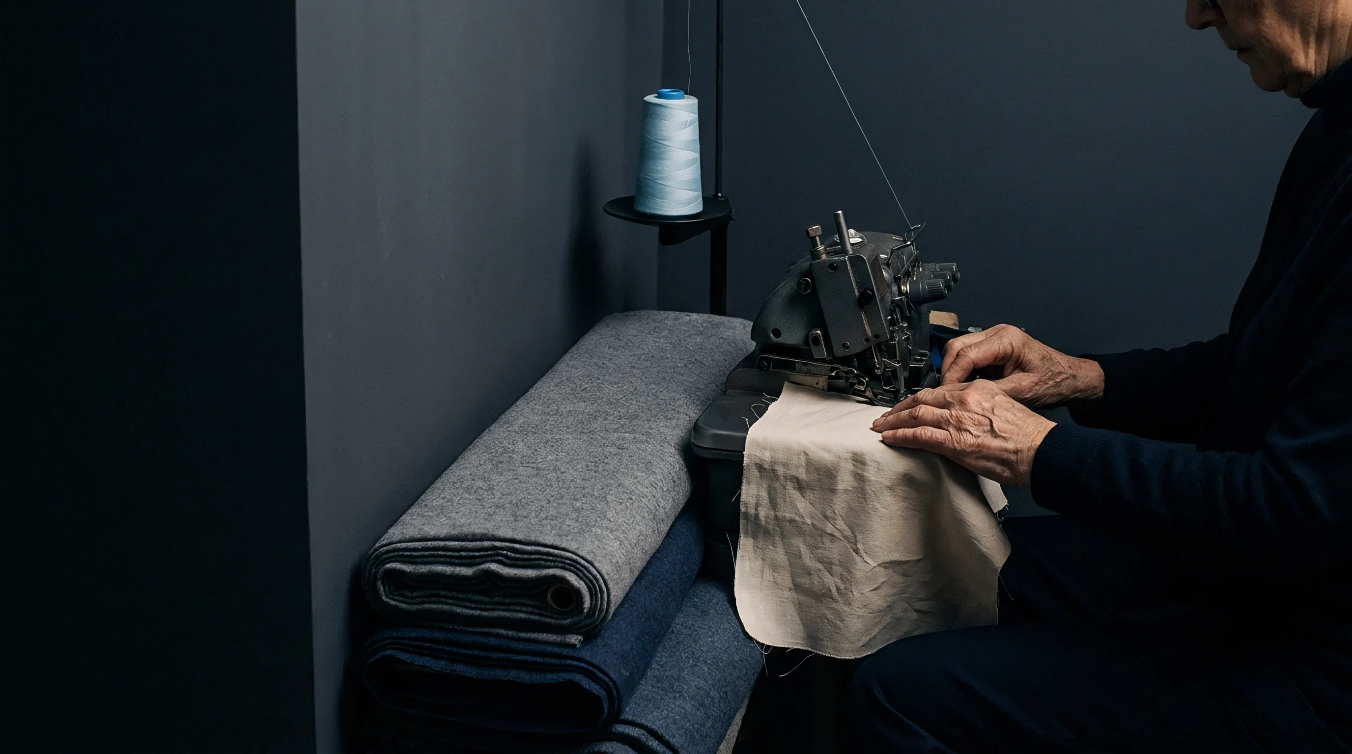 Hands guide beige fabric through an industrial overlocker near folded grey and navy wool bolts and a vertical blue thread spool.