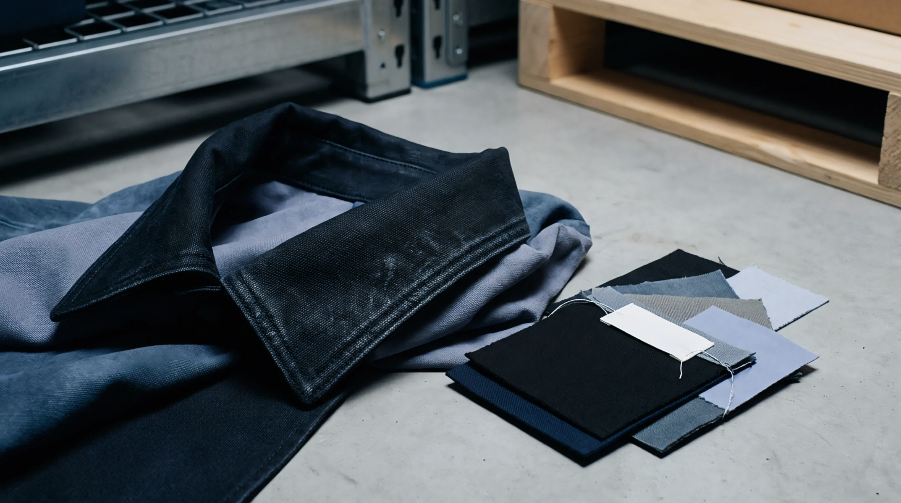 A heavy canvas jacket lies on a concrete floor beside a stack of rectangular textile swatches and a white paper tag.