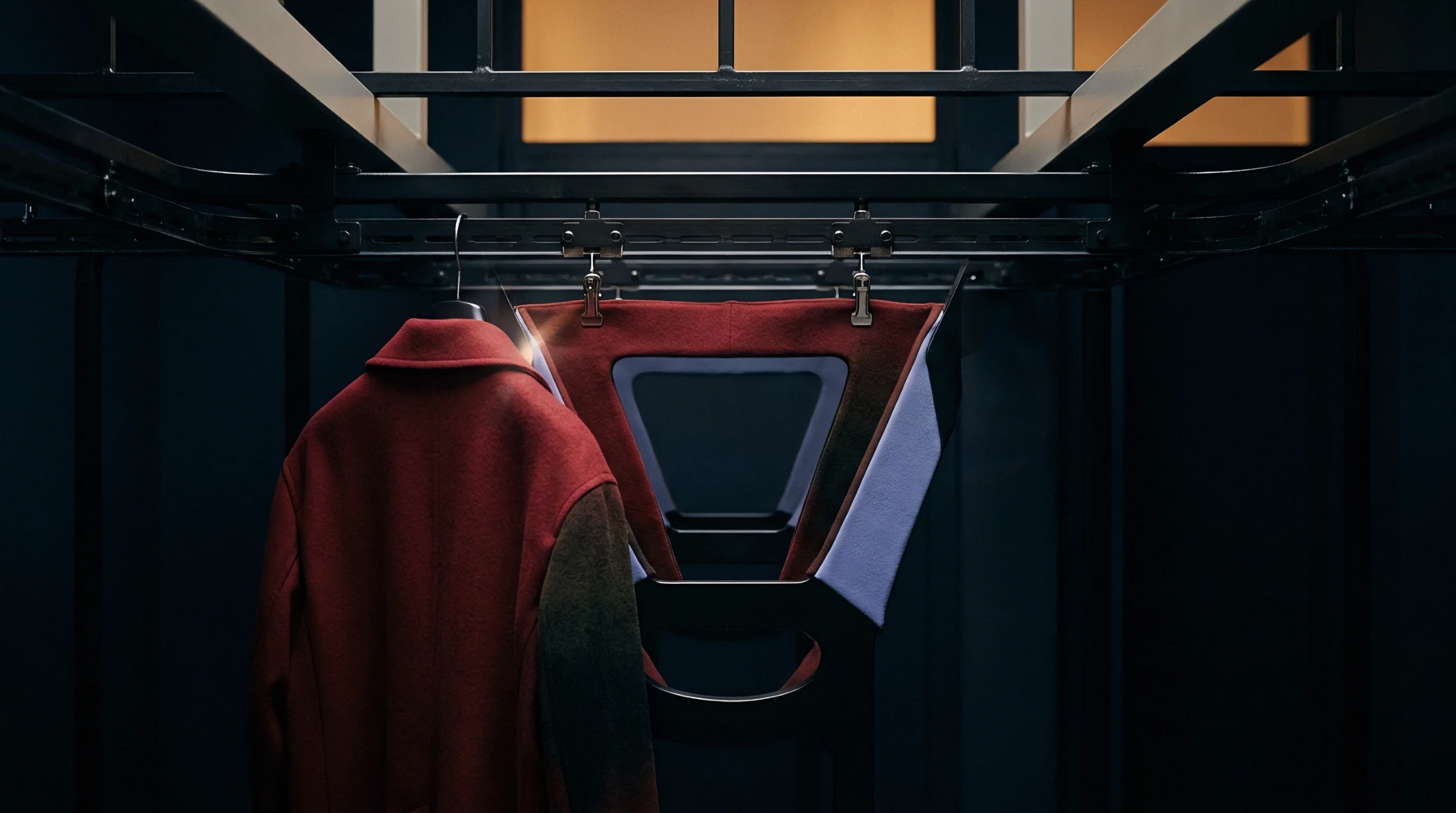 A red coat on a clothes hanger and an open garment panel hang from metal clips on an automated industrial conveyor system track.
