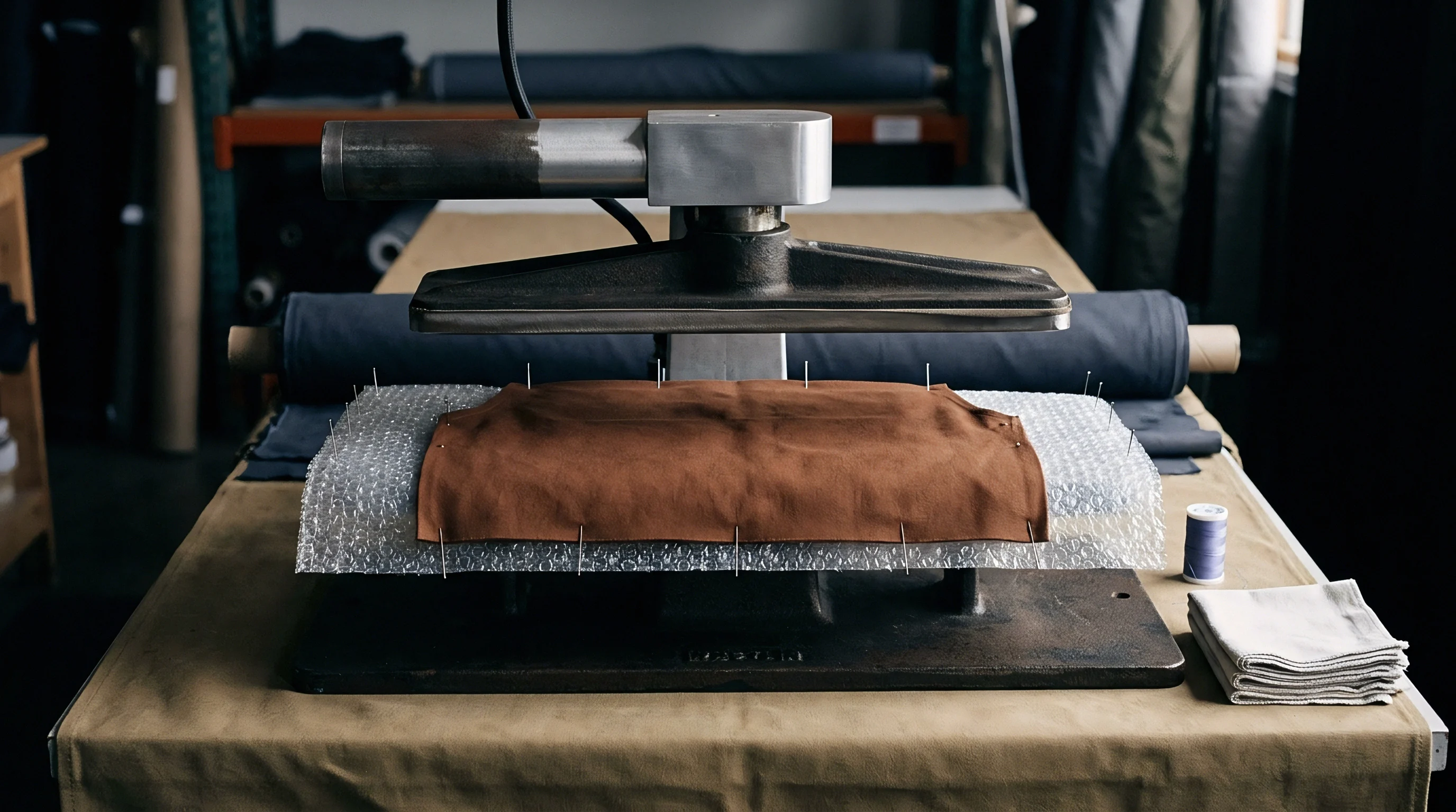 A heavy metal industrial press holds pinned brown fabric resting on bubble wrap atop a workbench inside a garment workshop.