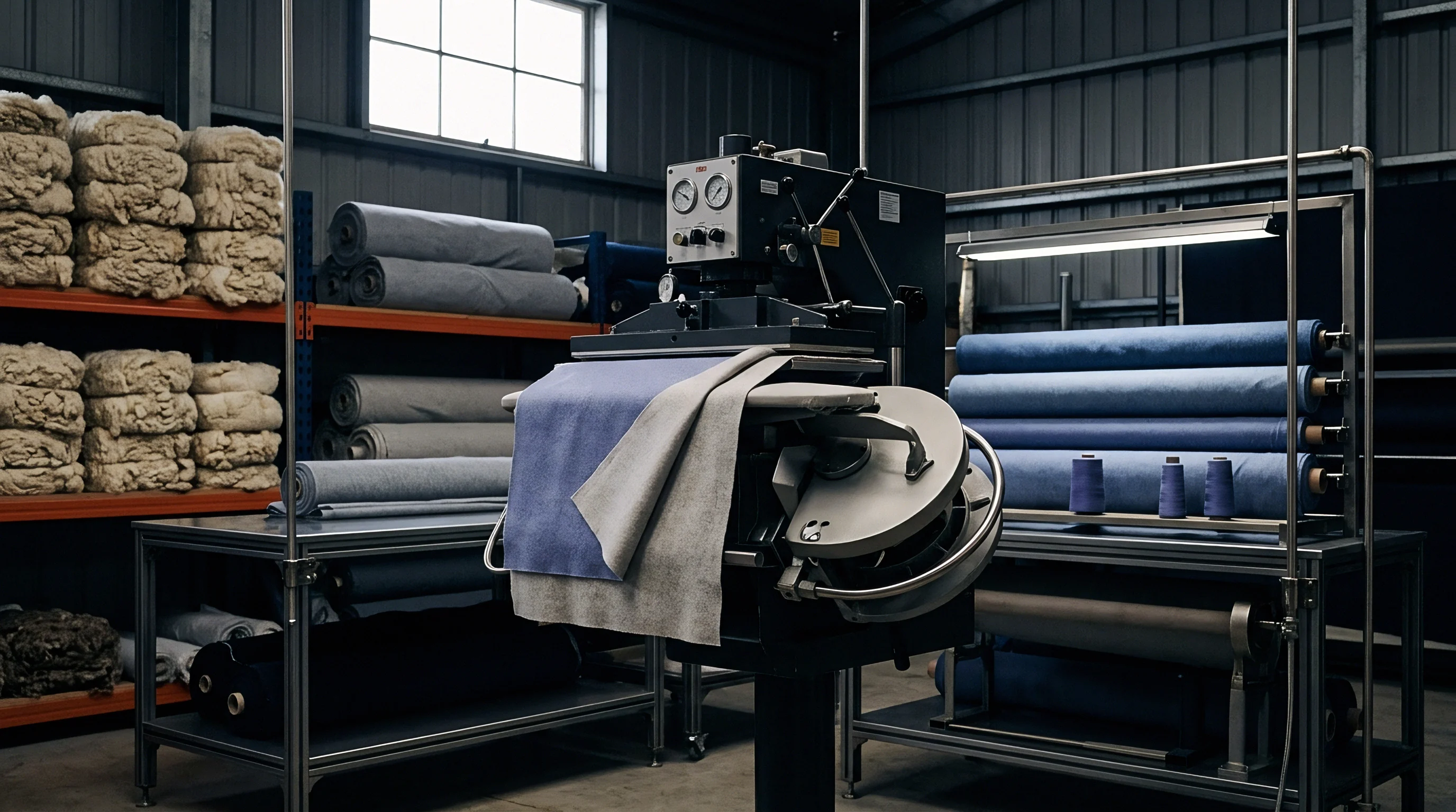 Industrial heat press machinery sits centrally within a manufacturing facility surrounded by stacks of raw wool fiber and rows of finished textile rolls.